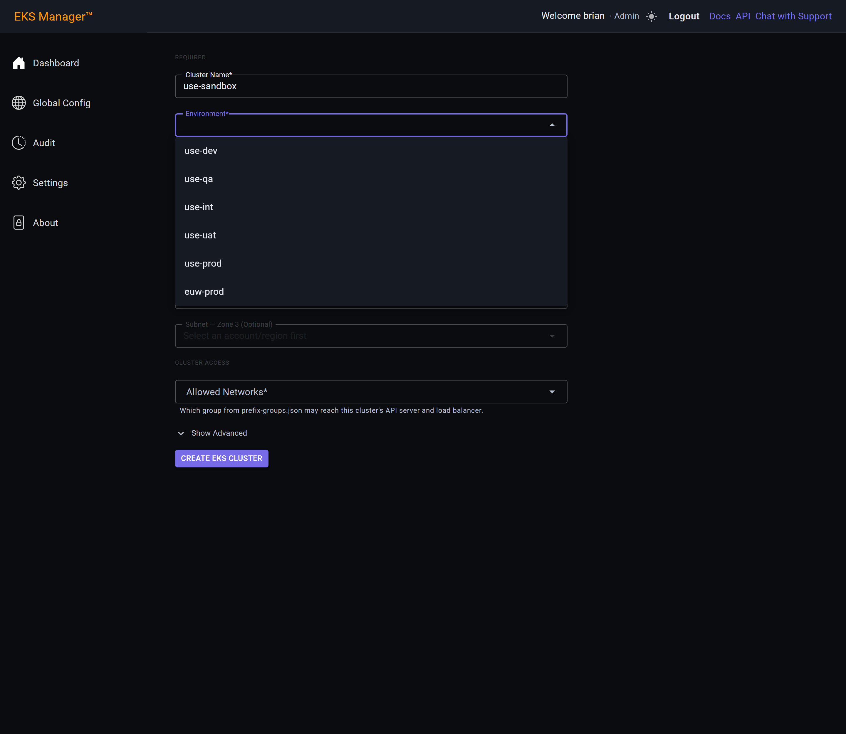 Cluster form with the Environment dropdown open, showing the available DNS zone prefixes