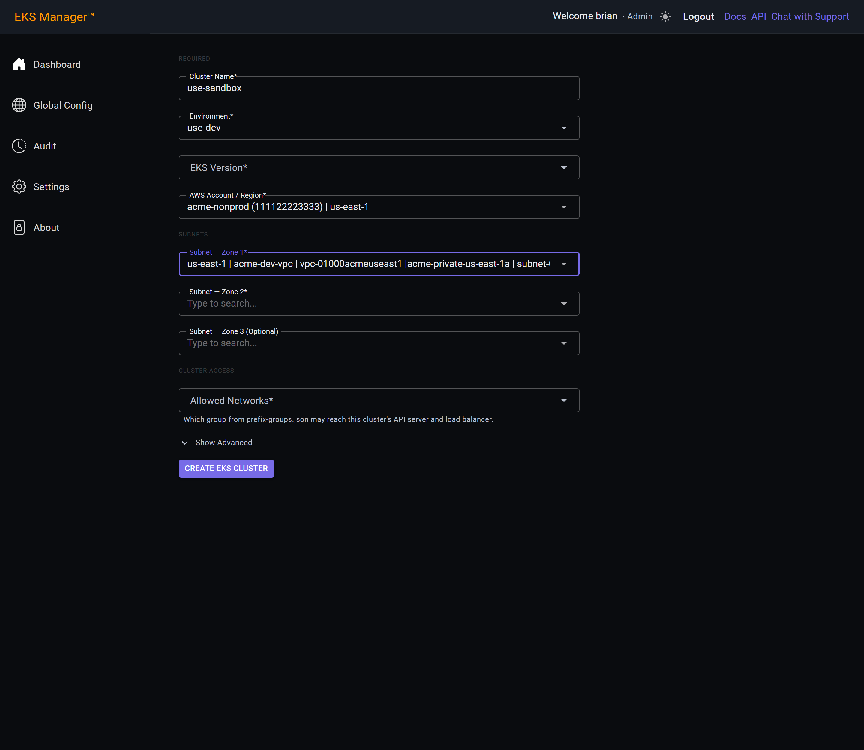 Cluster form after choosing a DNS zone, with the account, region and subnet pickers populated