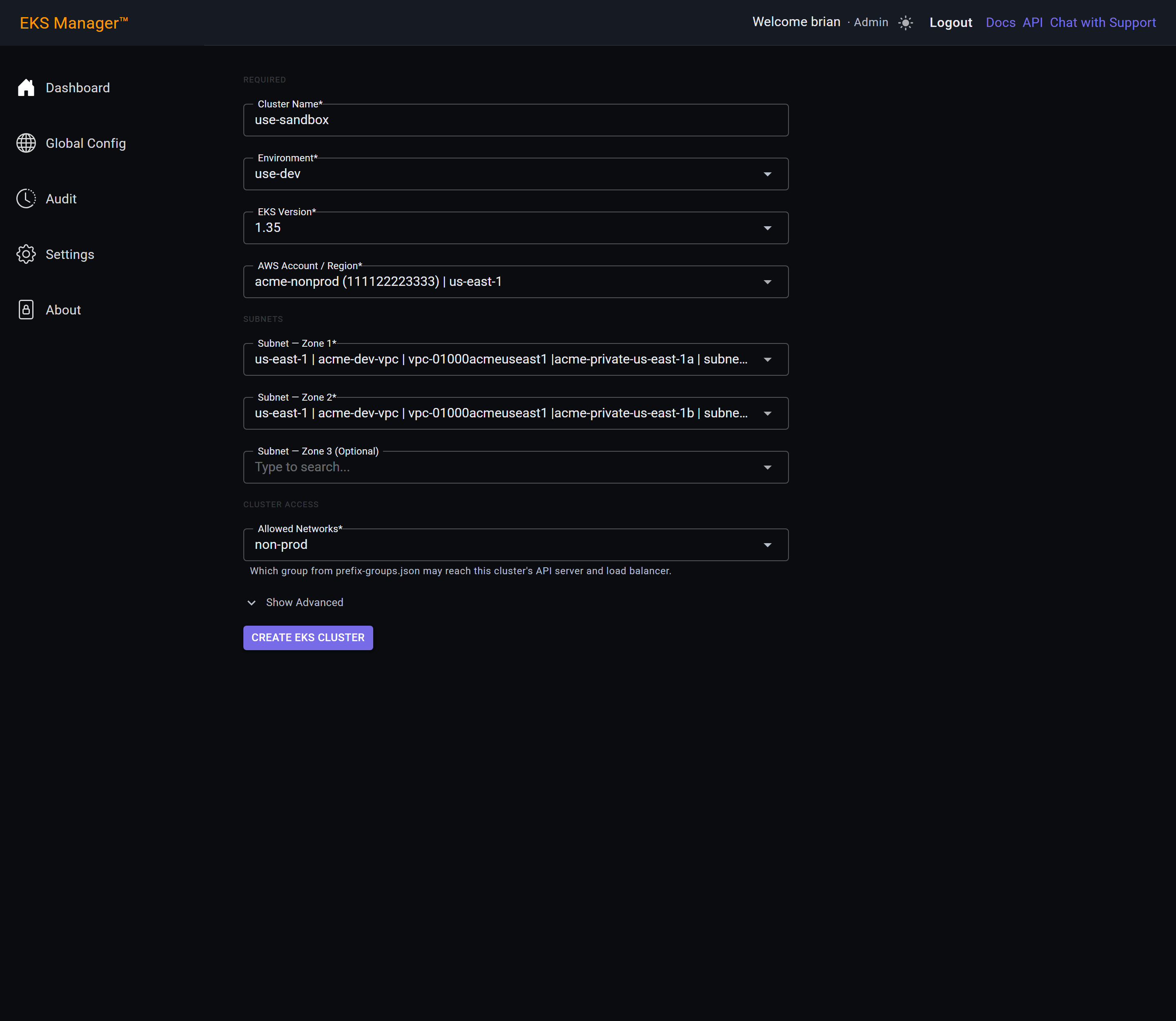 Completed cluster creation form with an arrow pointing at the Create EKS Cluster button