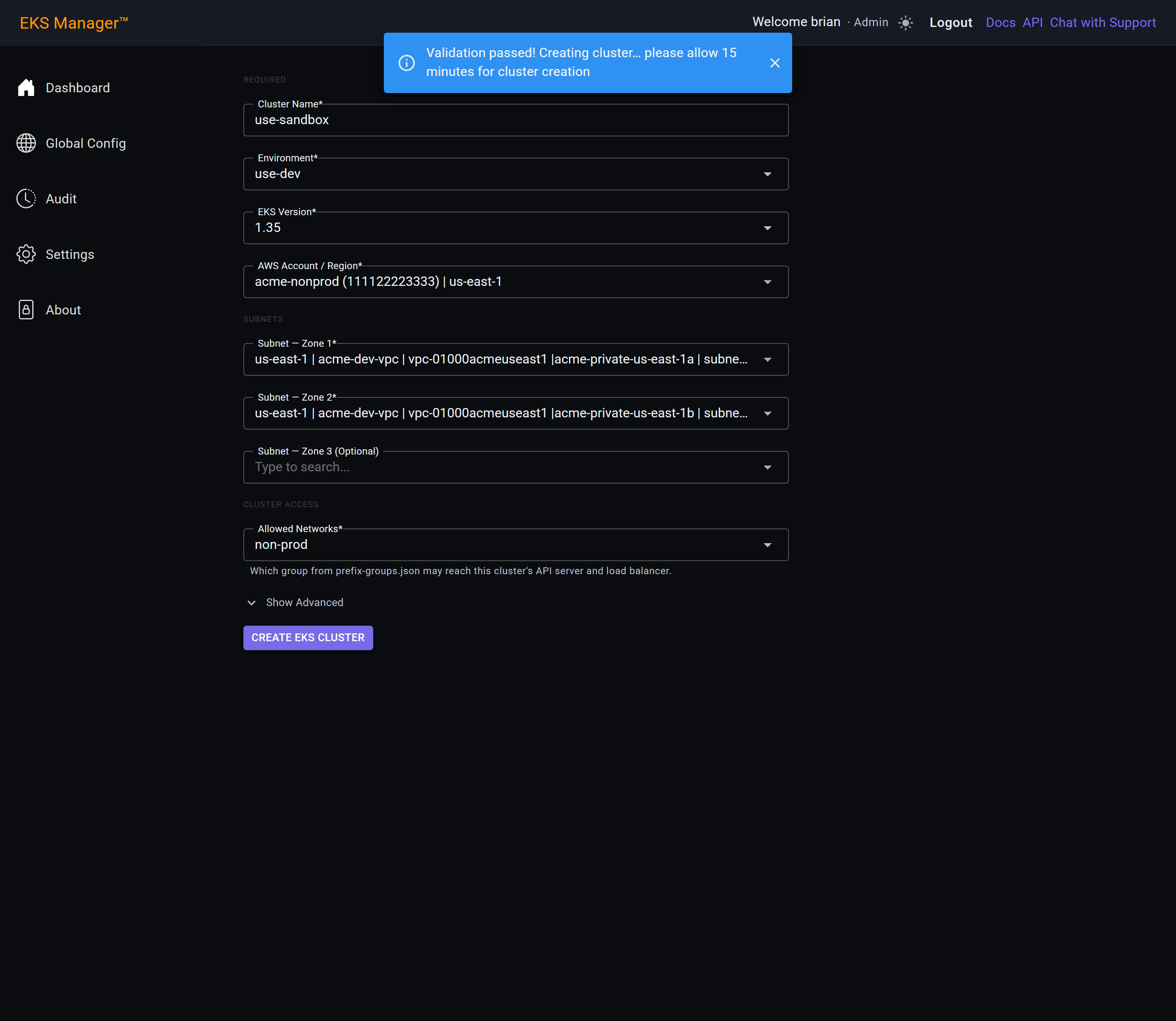 Notification confirming validation passed and cluster creation has started