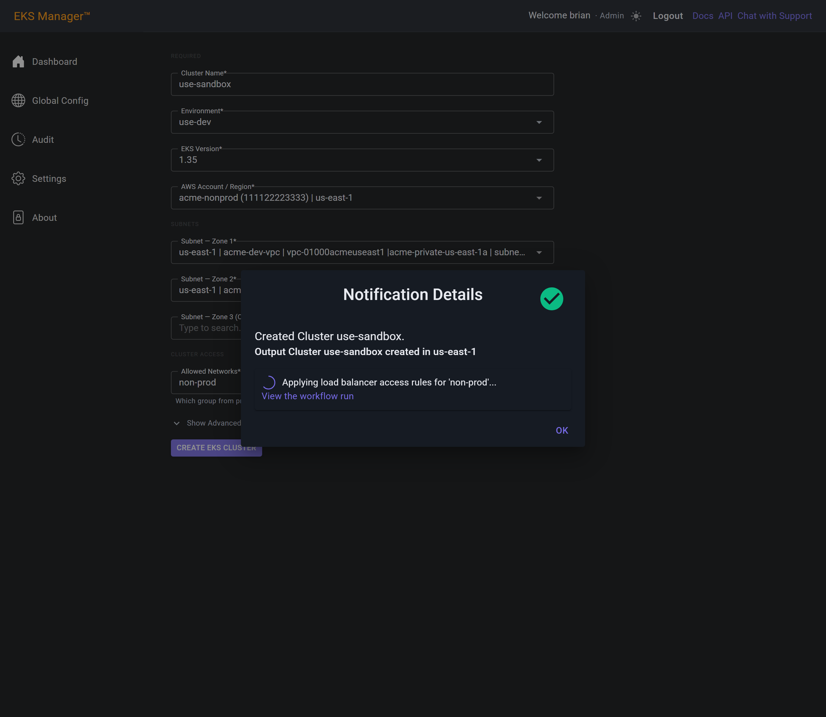 Notification Details dialog showing the load balancer access rules build in progress