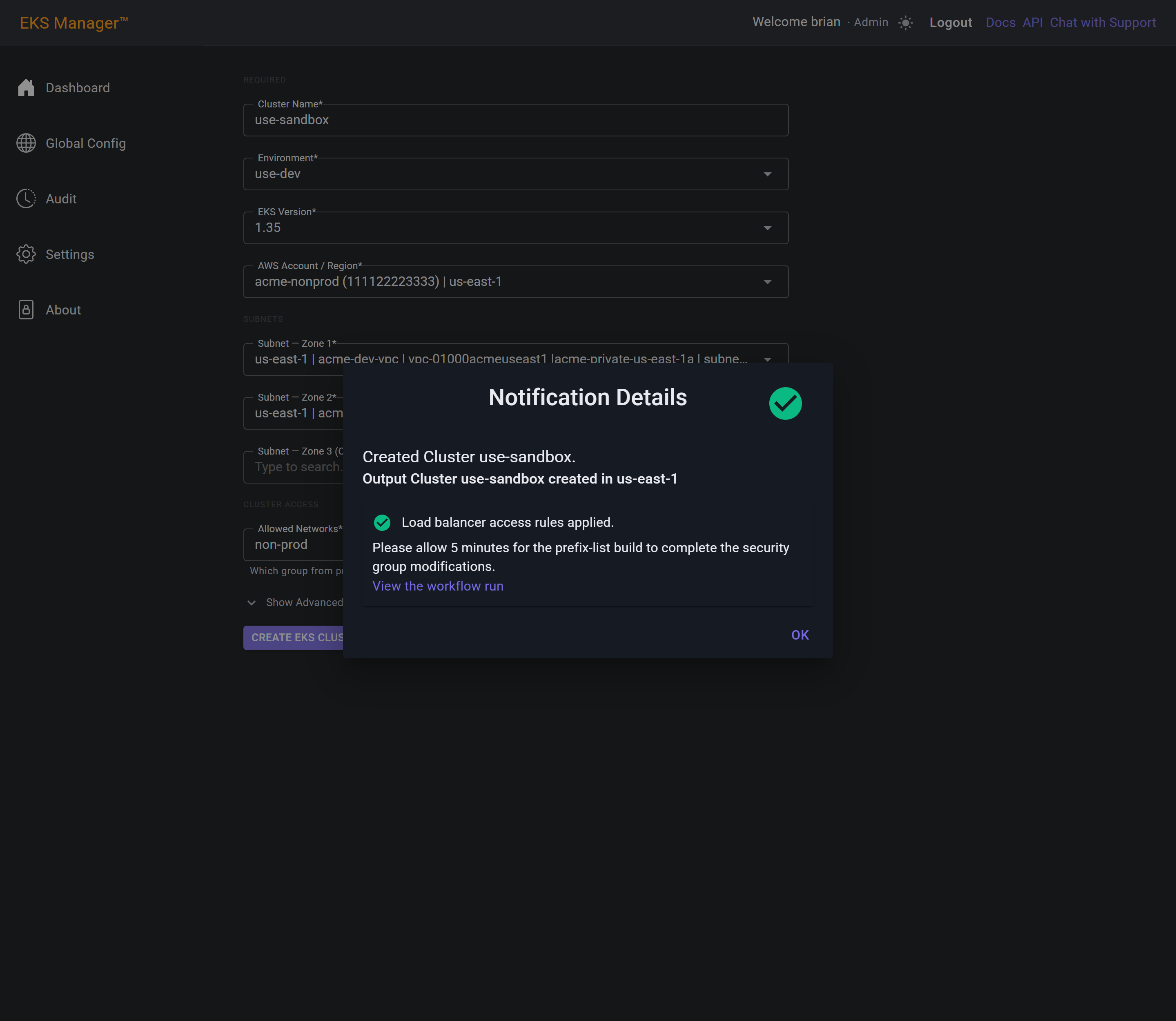 Notification Details dialog confirming the load balancer access rules were applied
