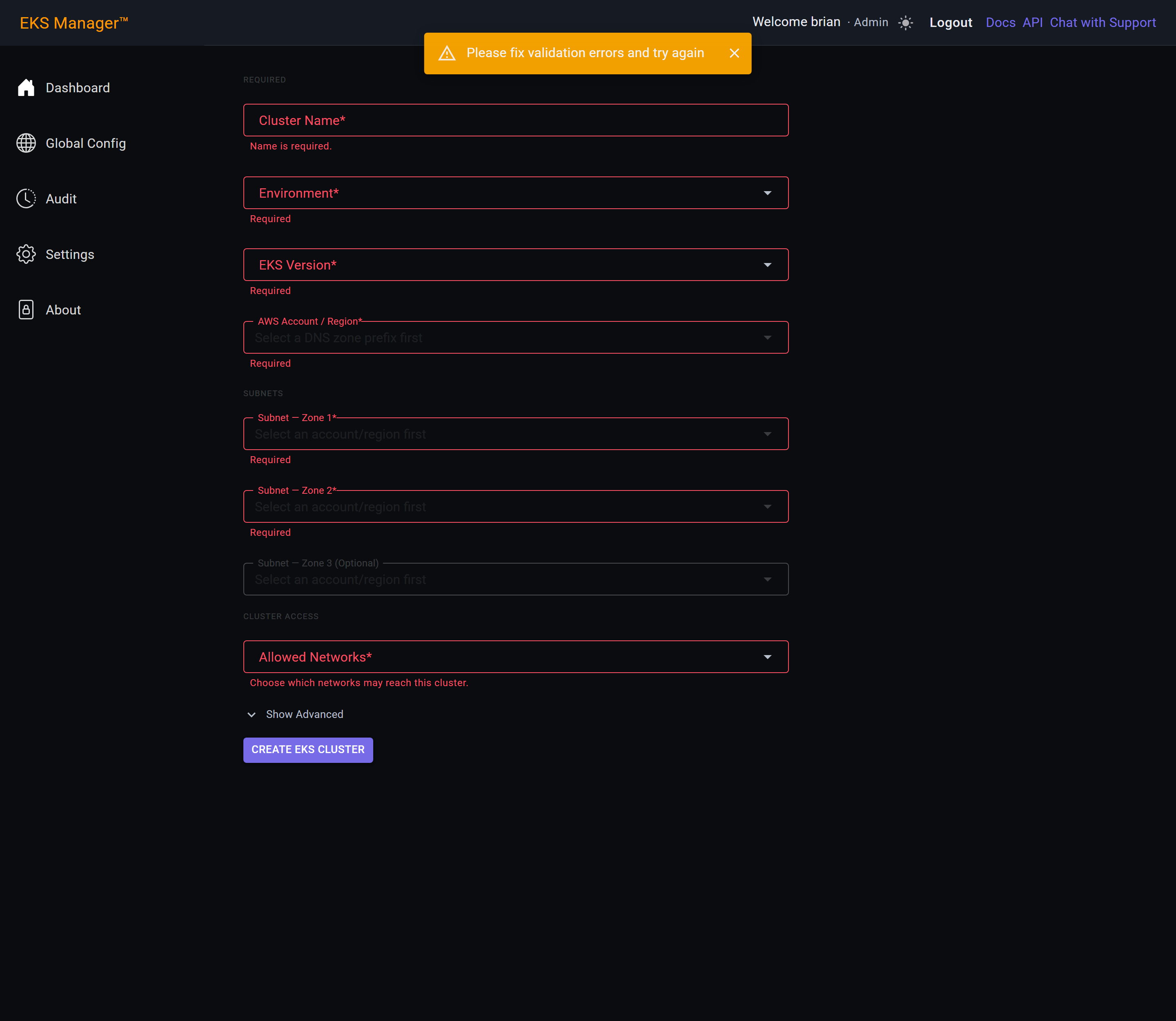 Cluster creation form after an empty submit, with required fields marked in red