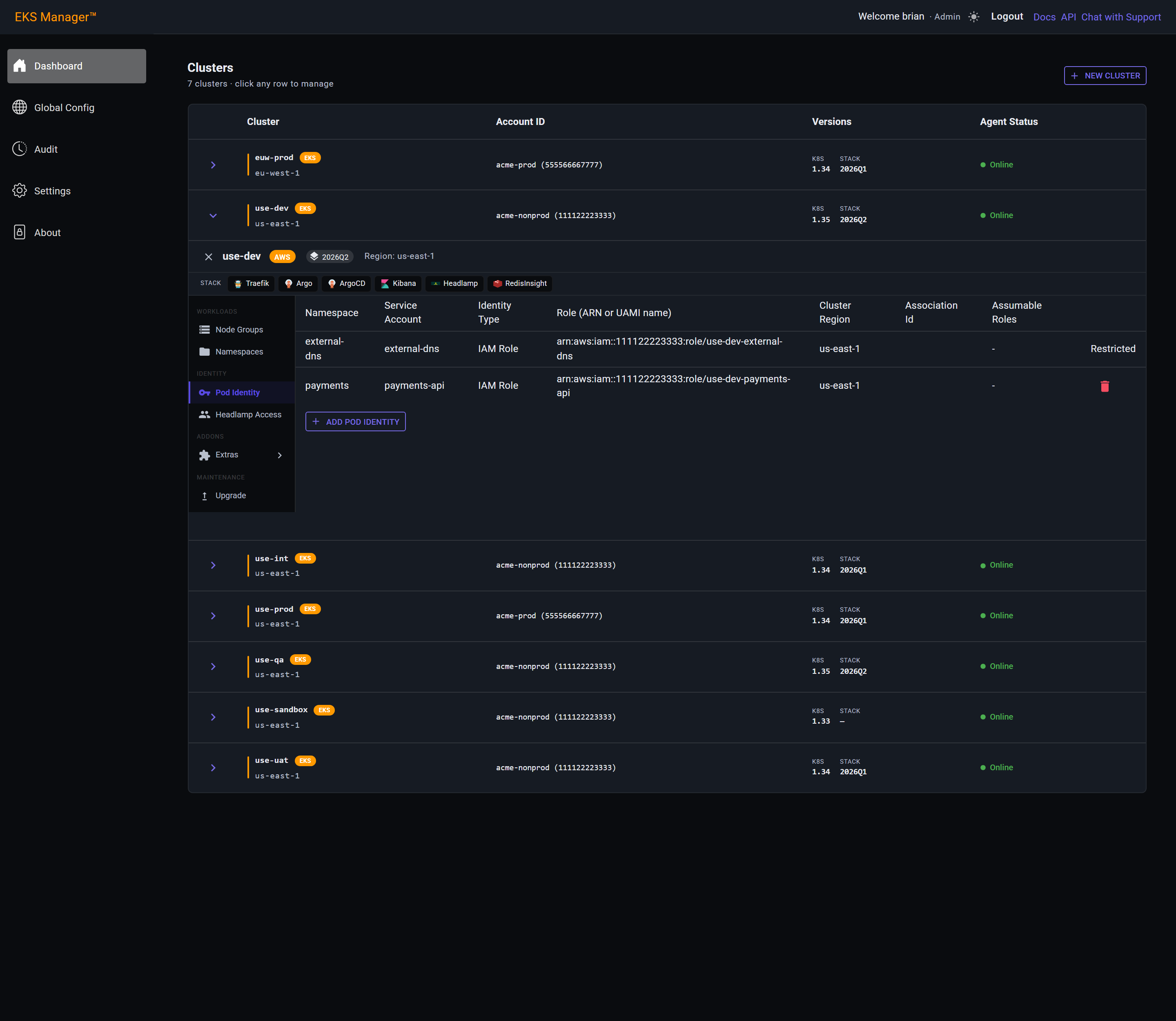 The Pod Identity section listing the cluster's service account to role bindings