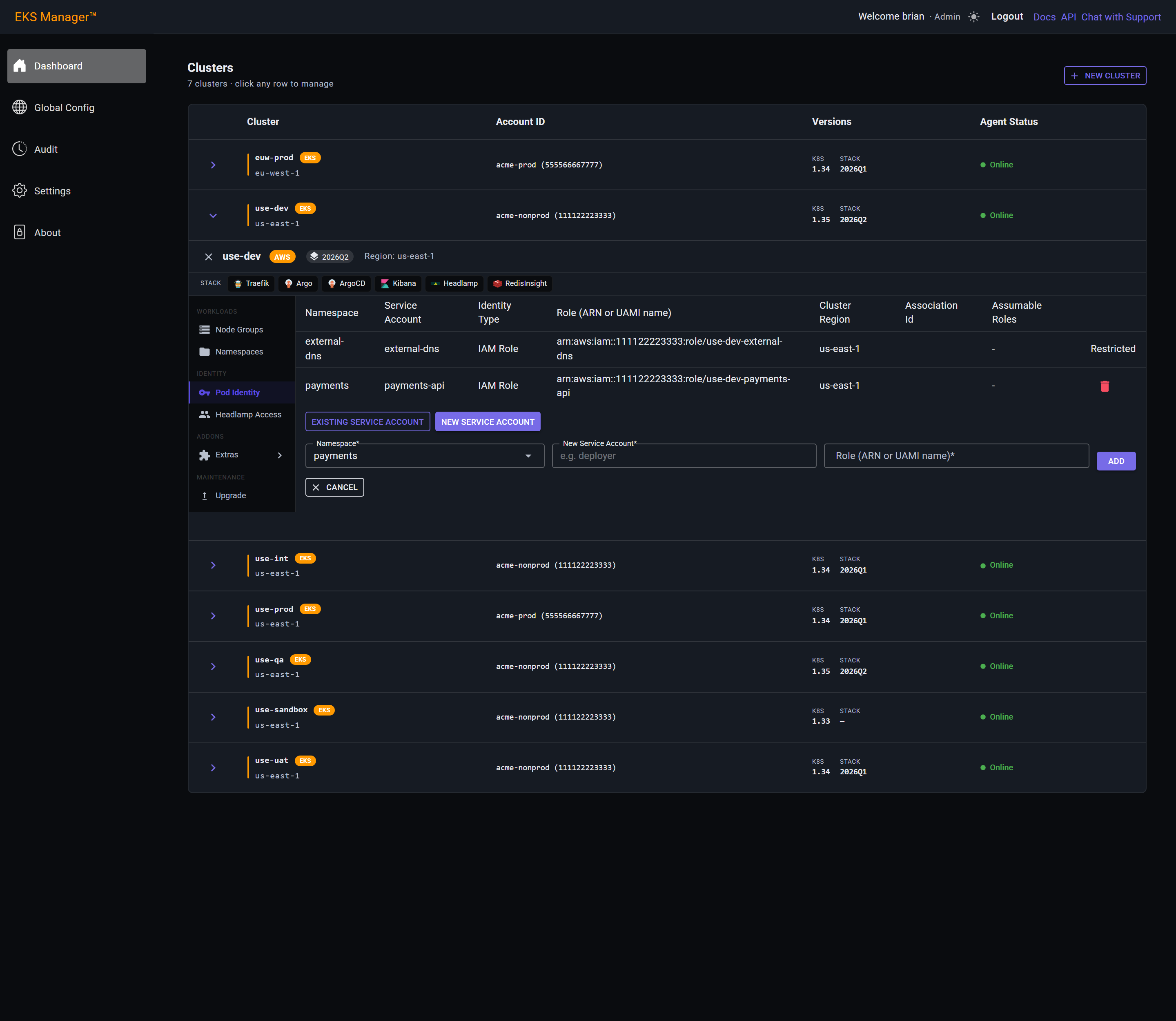The pod identity form with a namespace chosen and New Service Account selected
