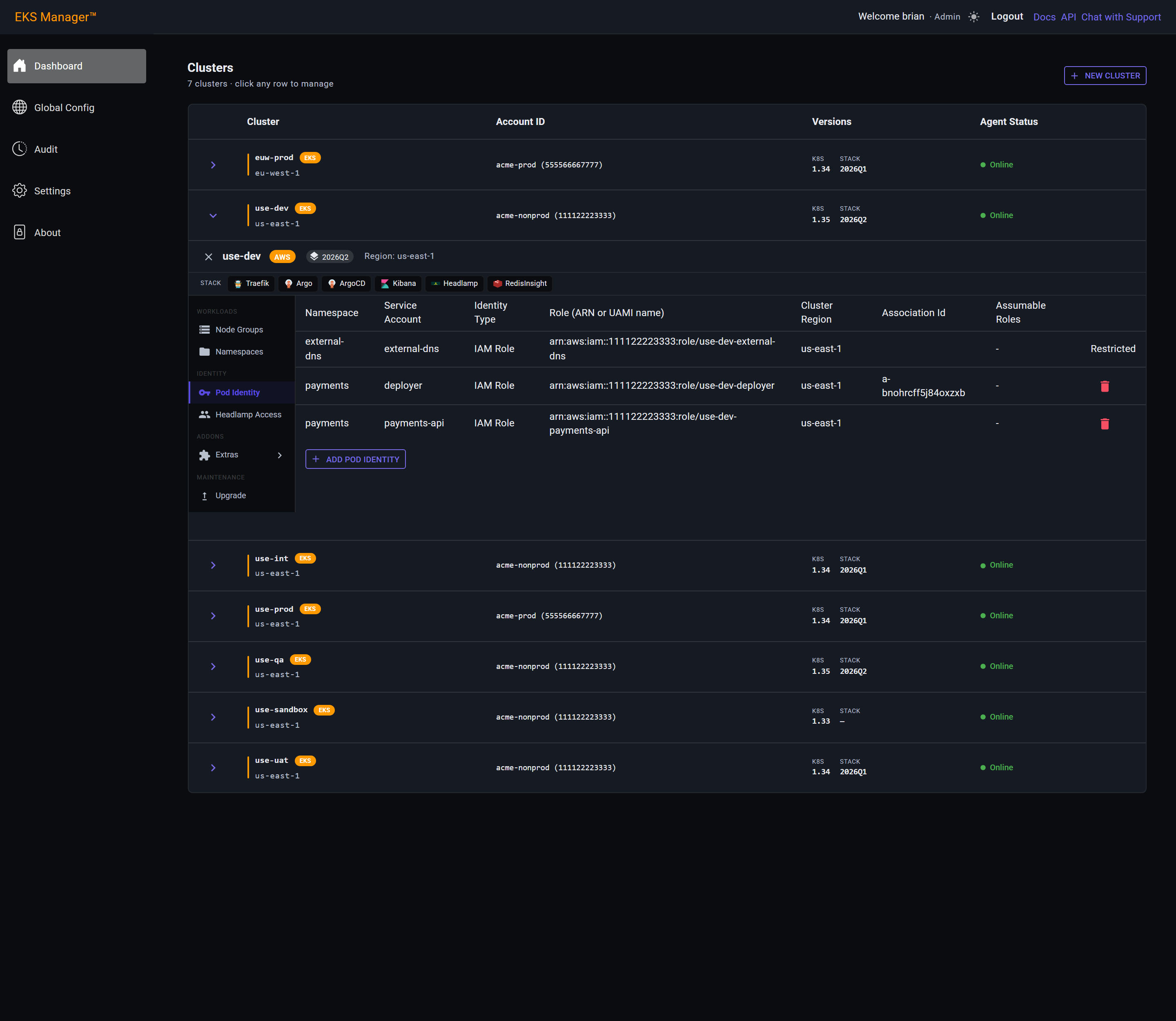 The pod identity table with the new deployer row and its association id