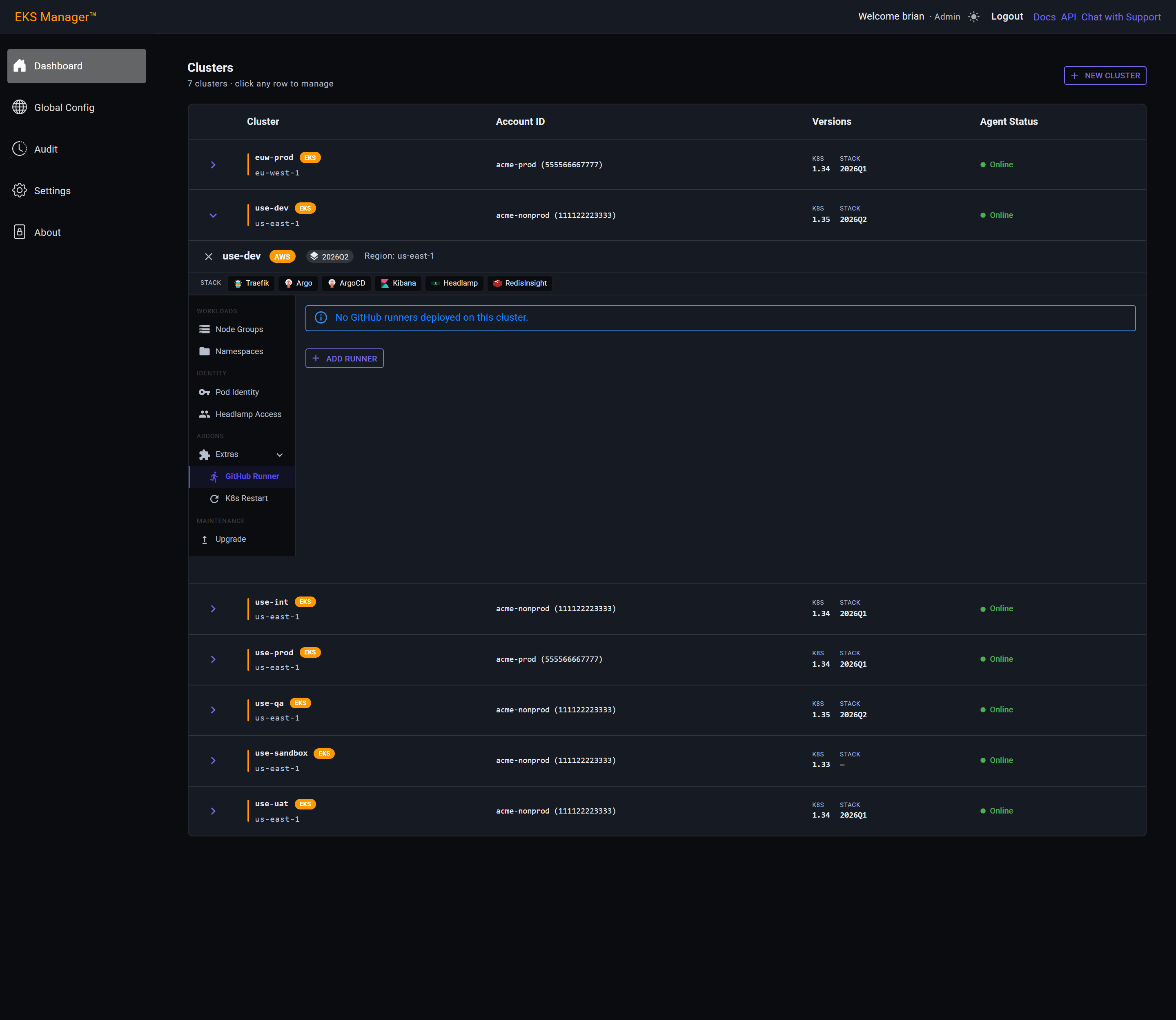 The Extras section of the cluster panel expanded to show its two entries