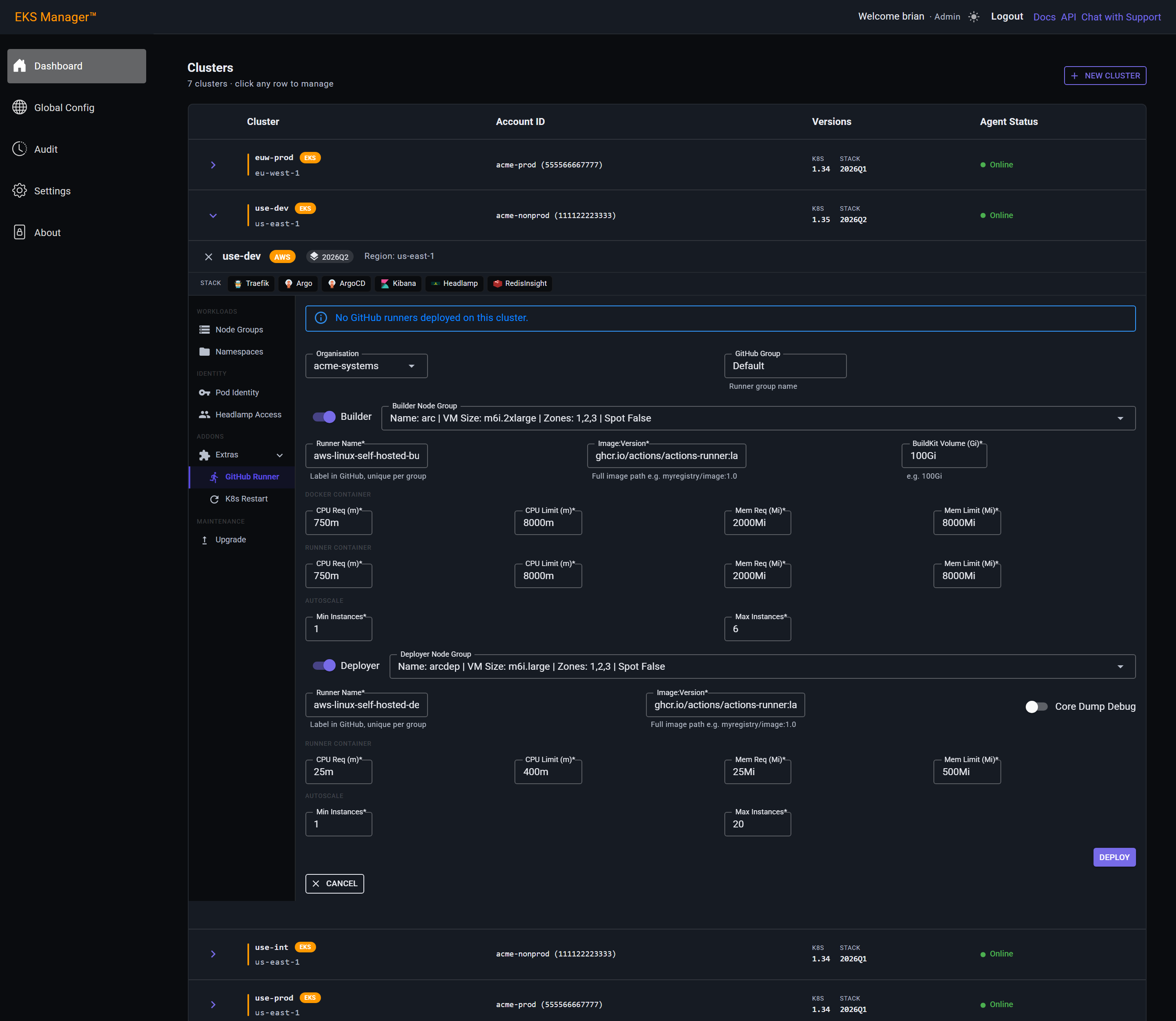 The completed Add Runner form with the Deploy button below it