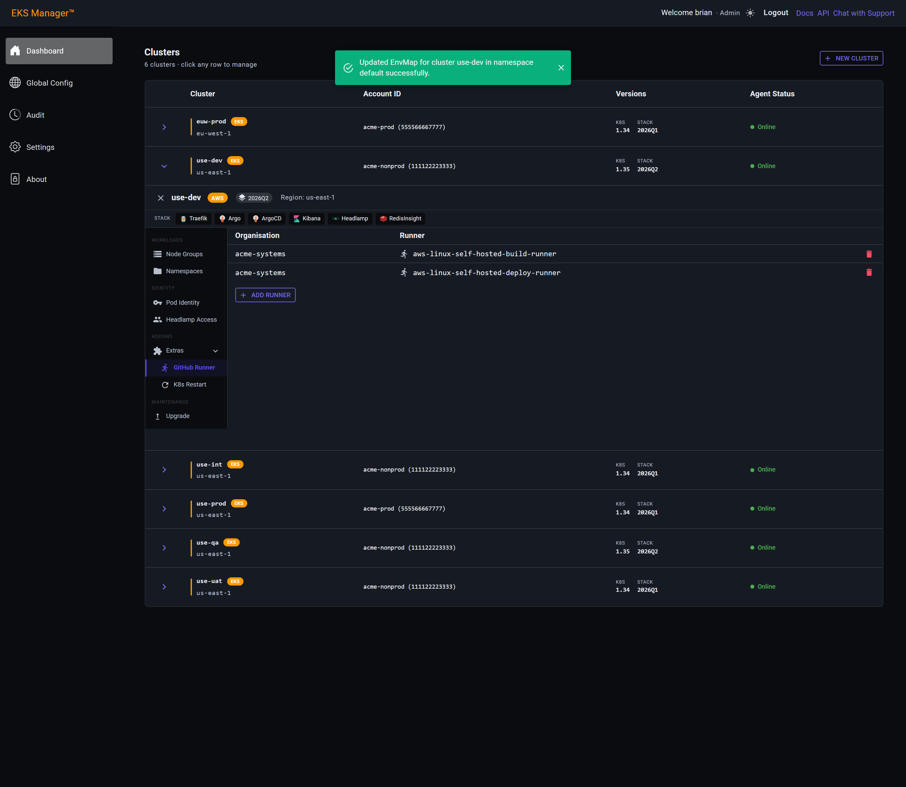 The GitHub Runner table with the builder and deployer rows created, against the acme-systems organisation