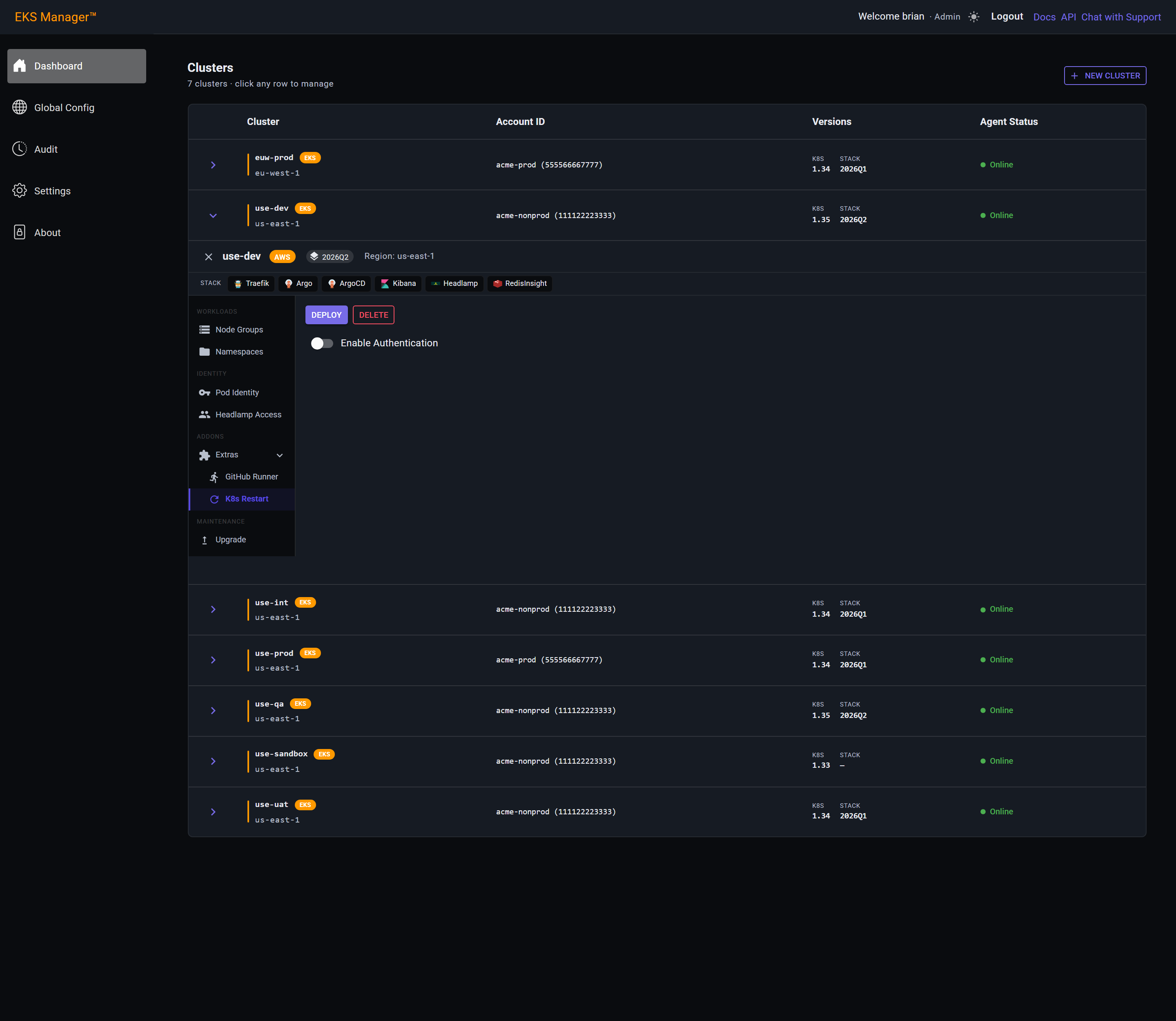 The K8s Restart section with its deploy and delete buttons