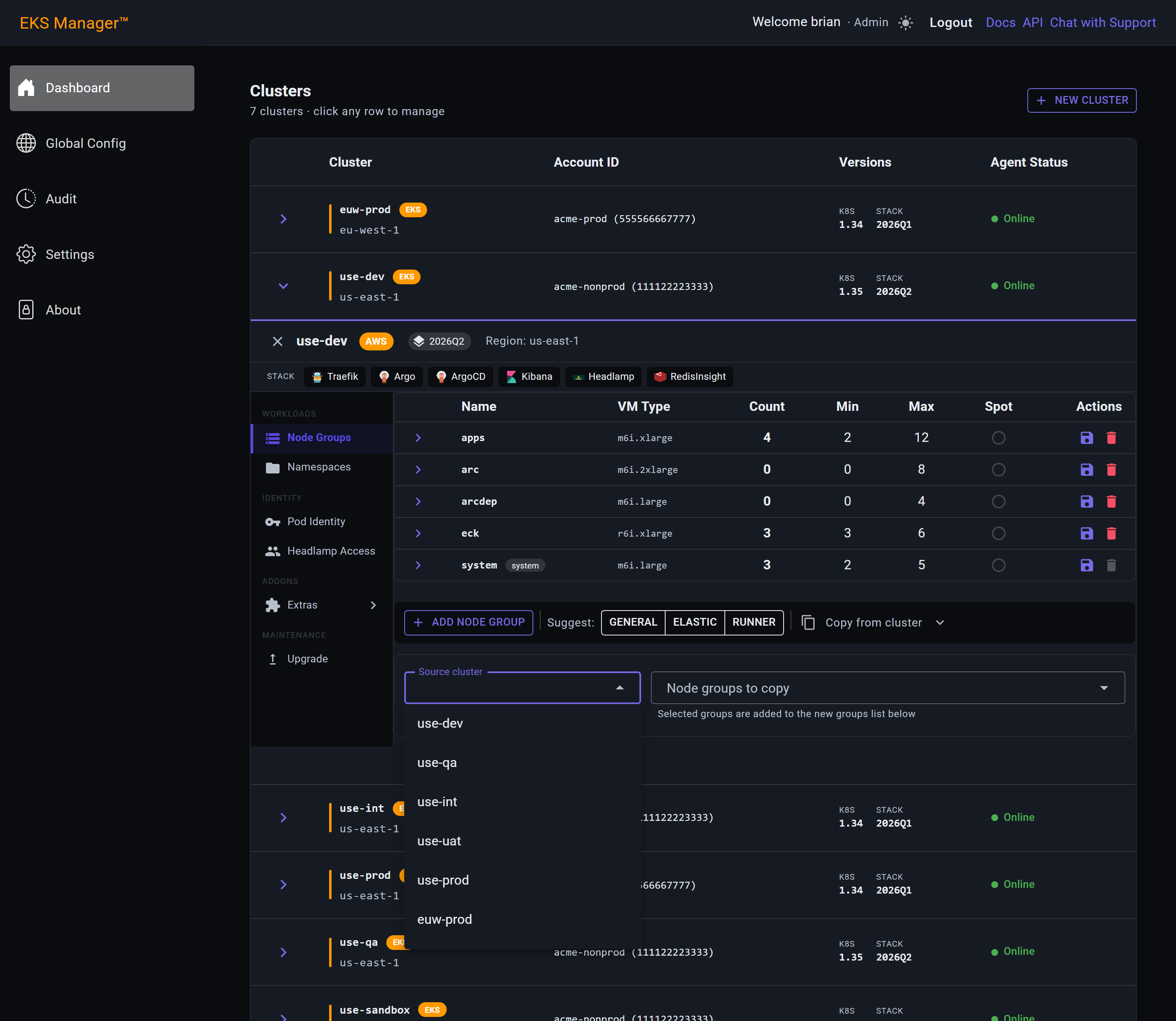 Copy from cluster panel with the source cluster list open