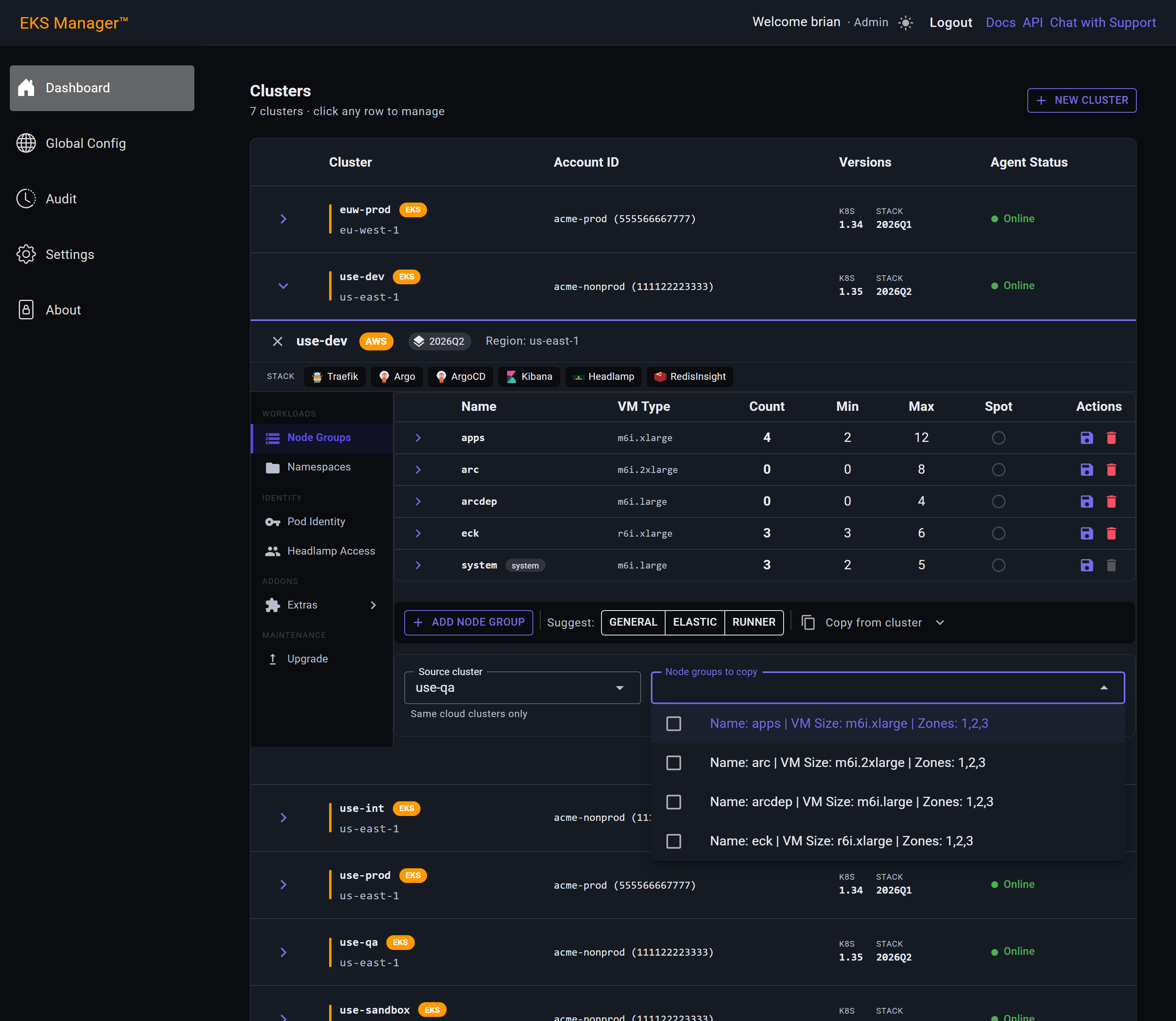 Copy from cluster panel with the list of groups to copy open