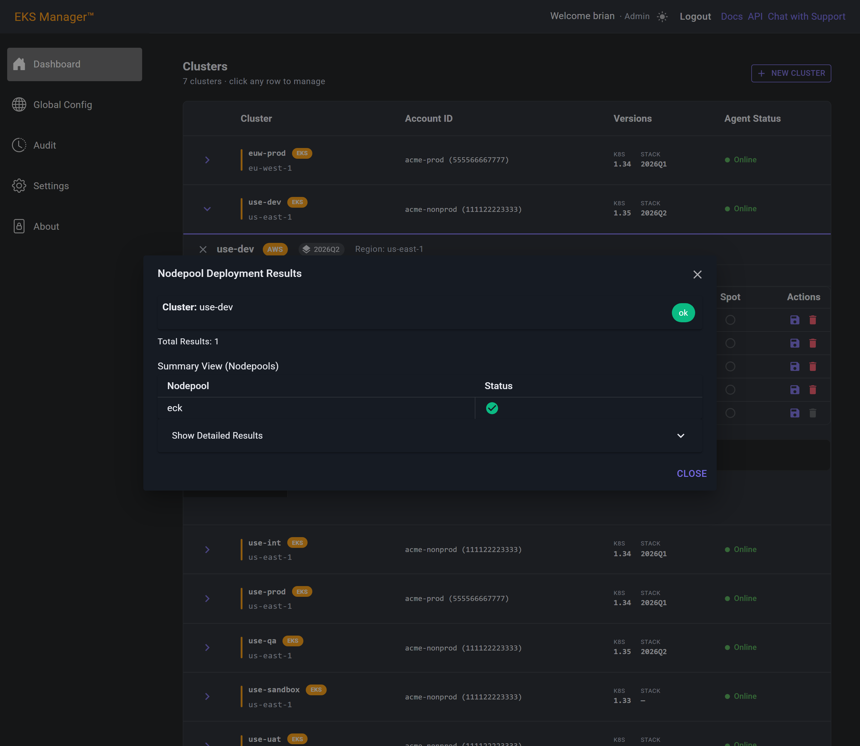 Nodepool deployment results dialog