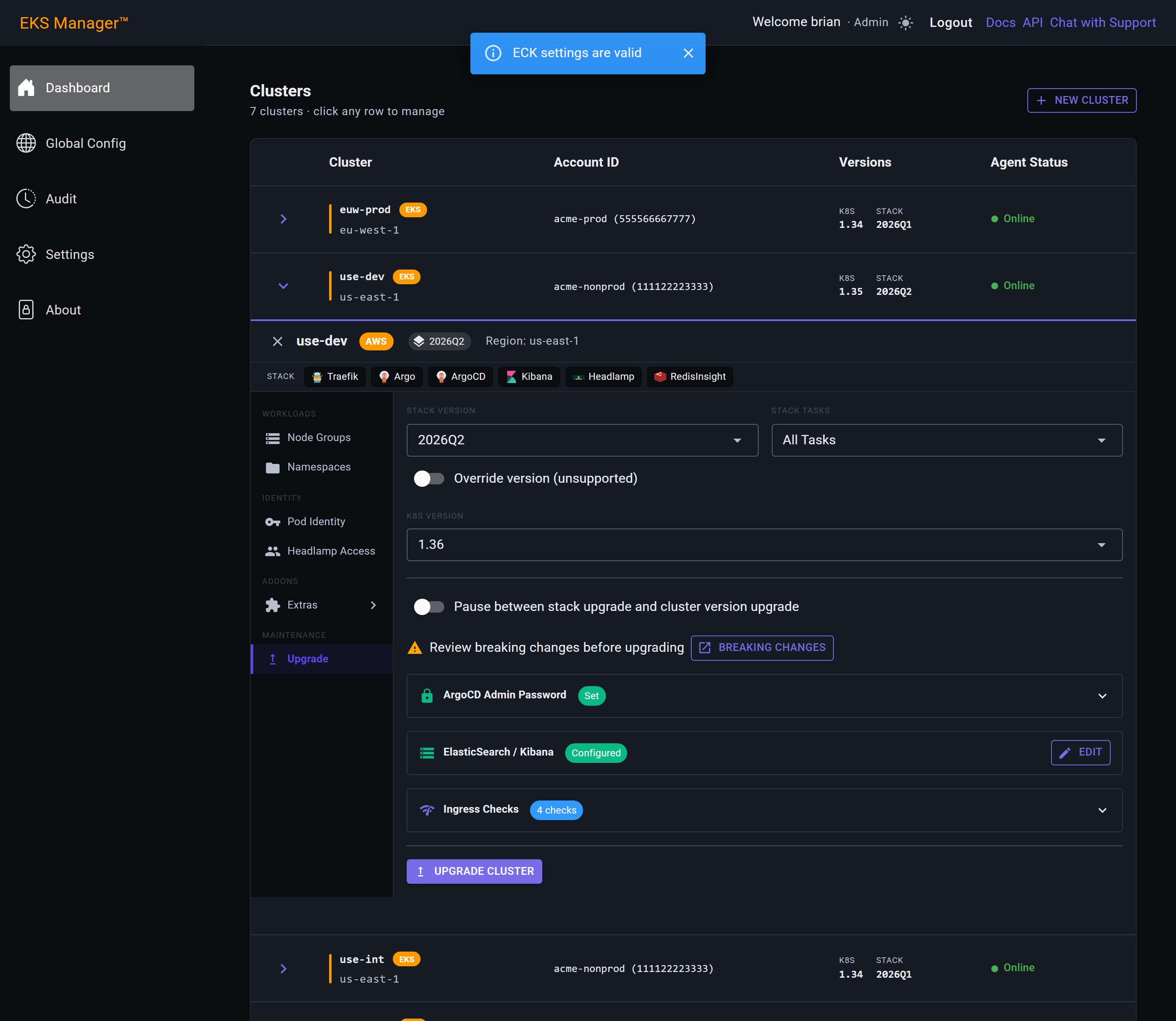 The ElasticSearch / Kibana row collapsed to Configured with an Edit button