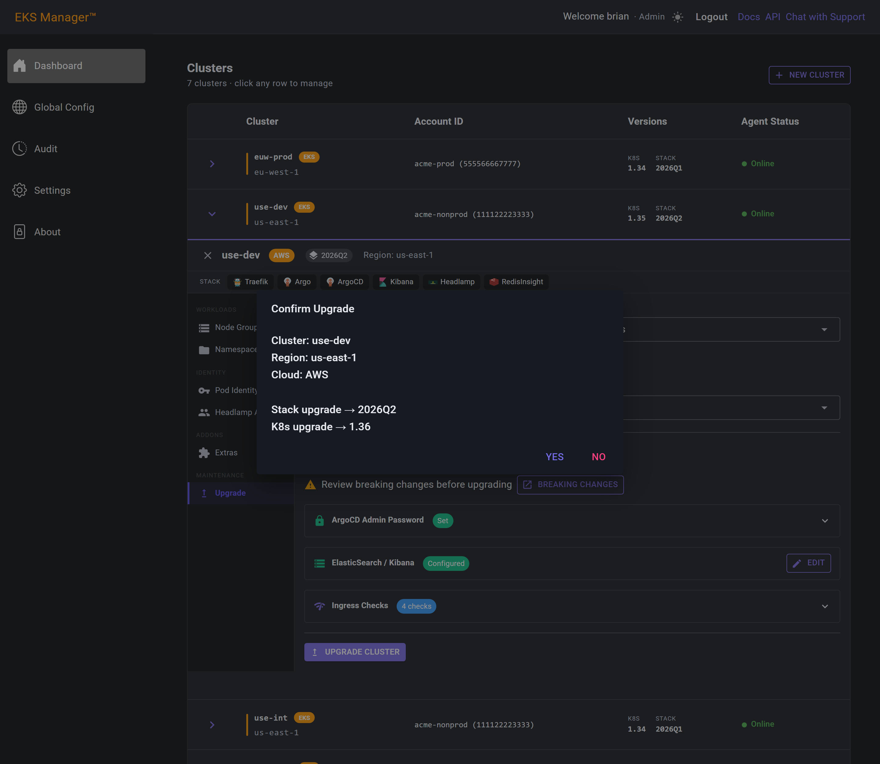 The Confirm Upgrade dialog listing the cluster, region, cloud and both target versions