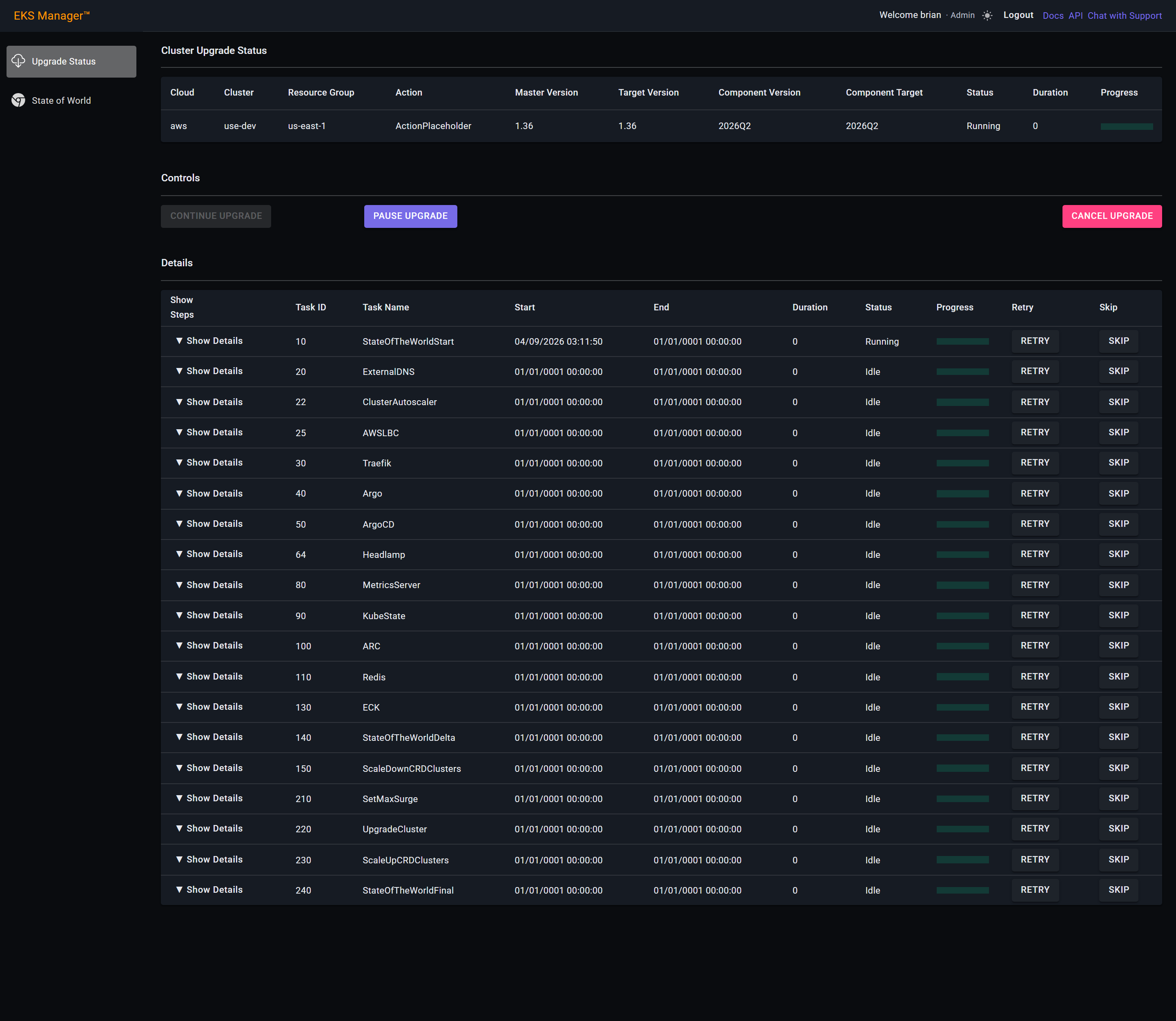 The Cluster Upgrade Status page listing the cluster, its versions and progress