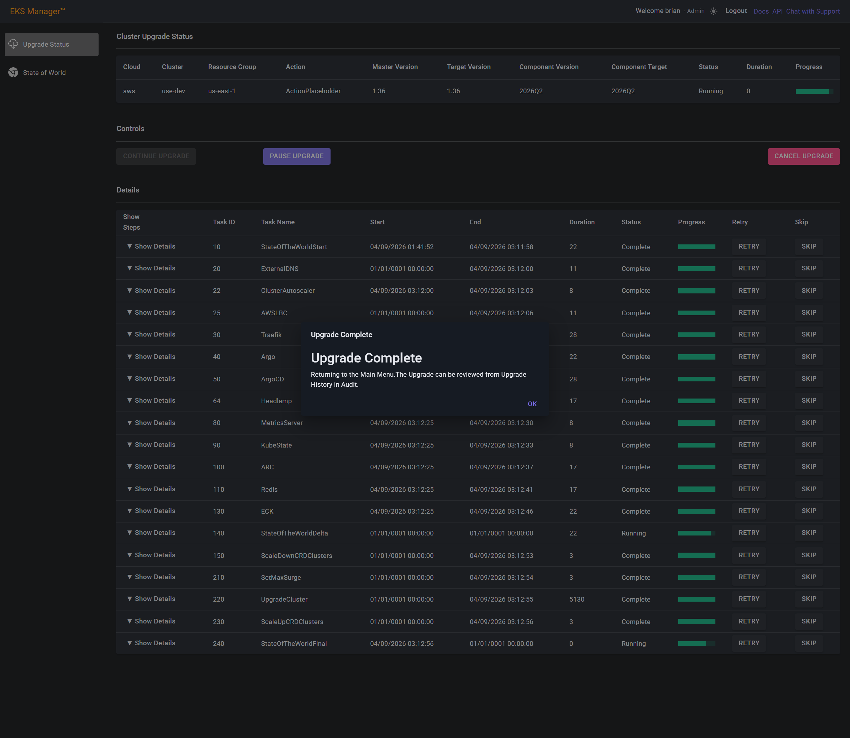 The Upgrade Complete dialog over the finished run
