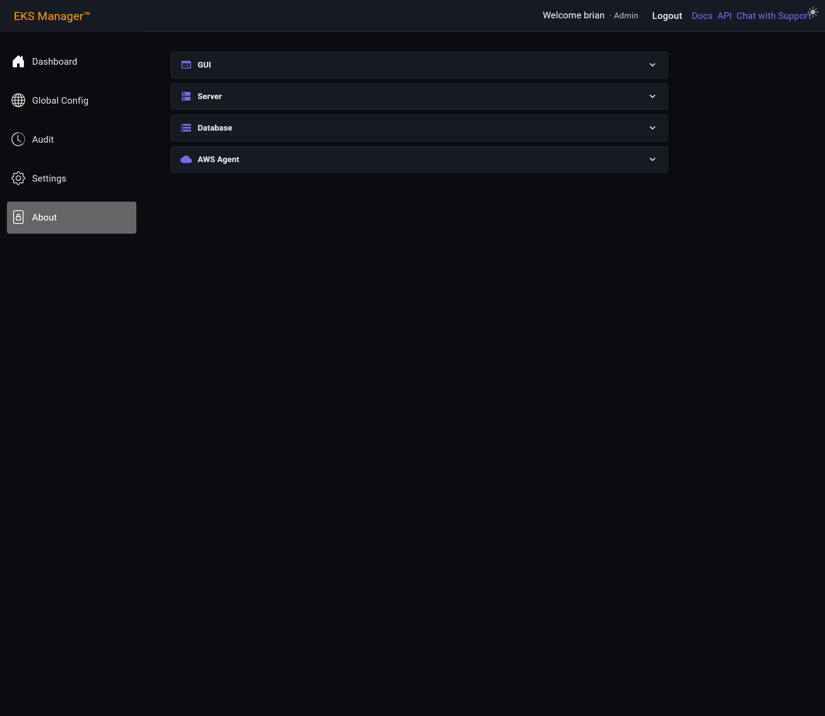 The About page with its collapsed sections