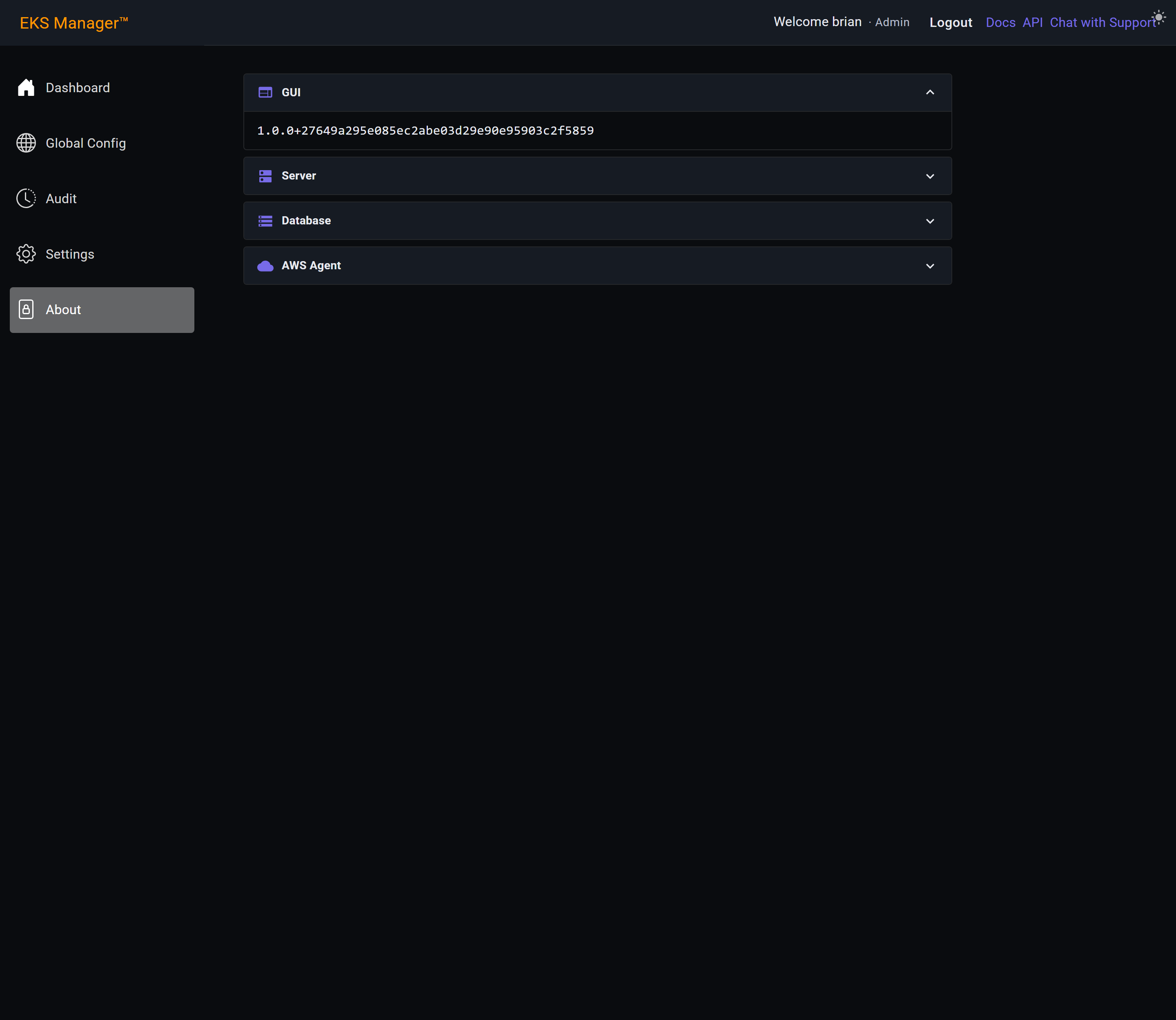 The GUI section open, showing the version and commit
