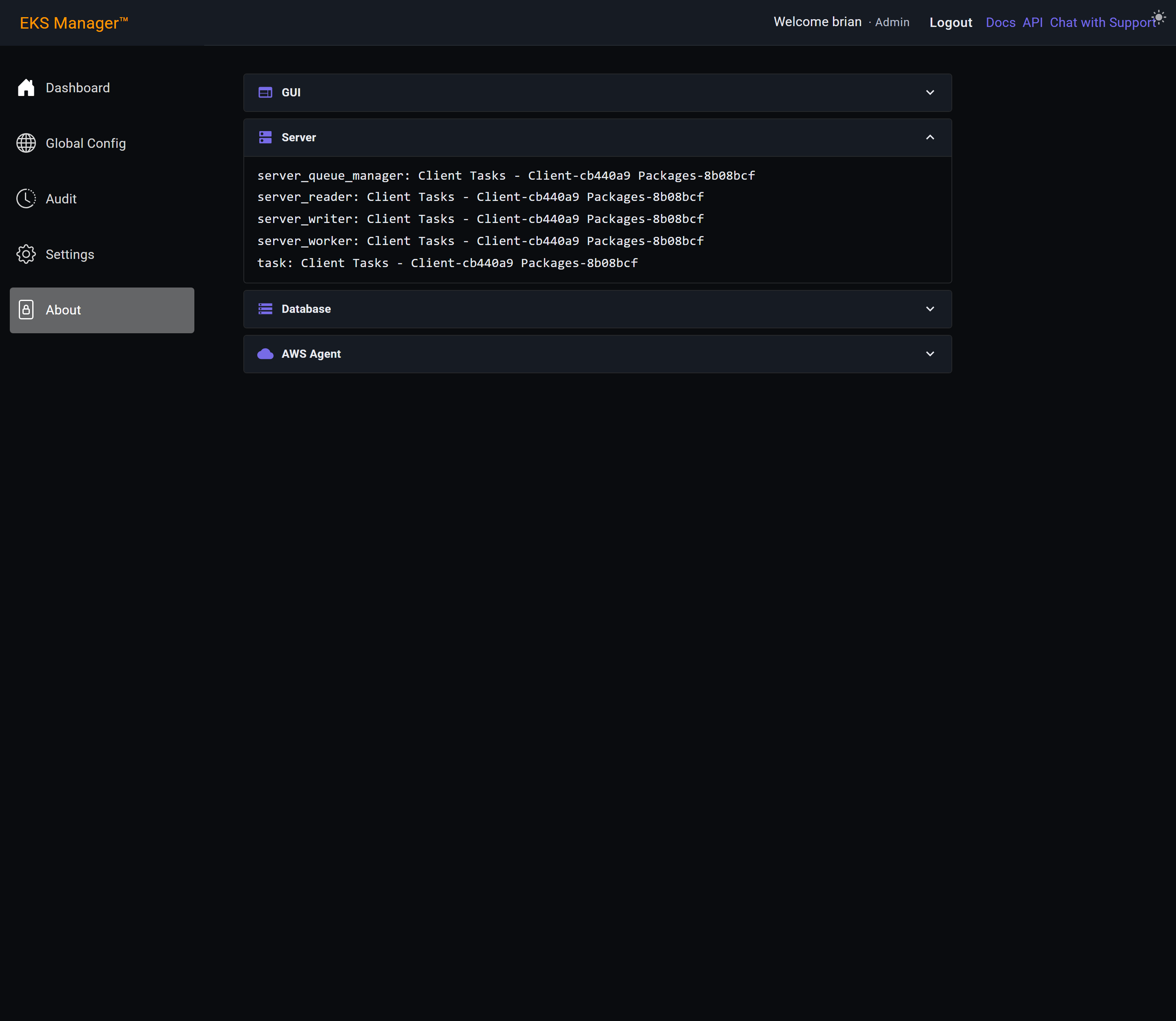 The Server section open, listing each component with its client tasks and package build
