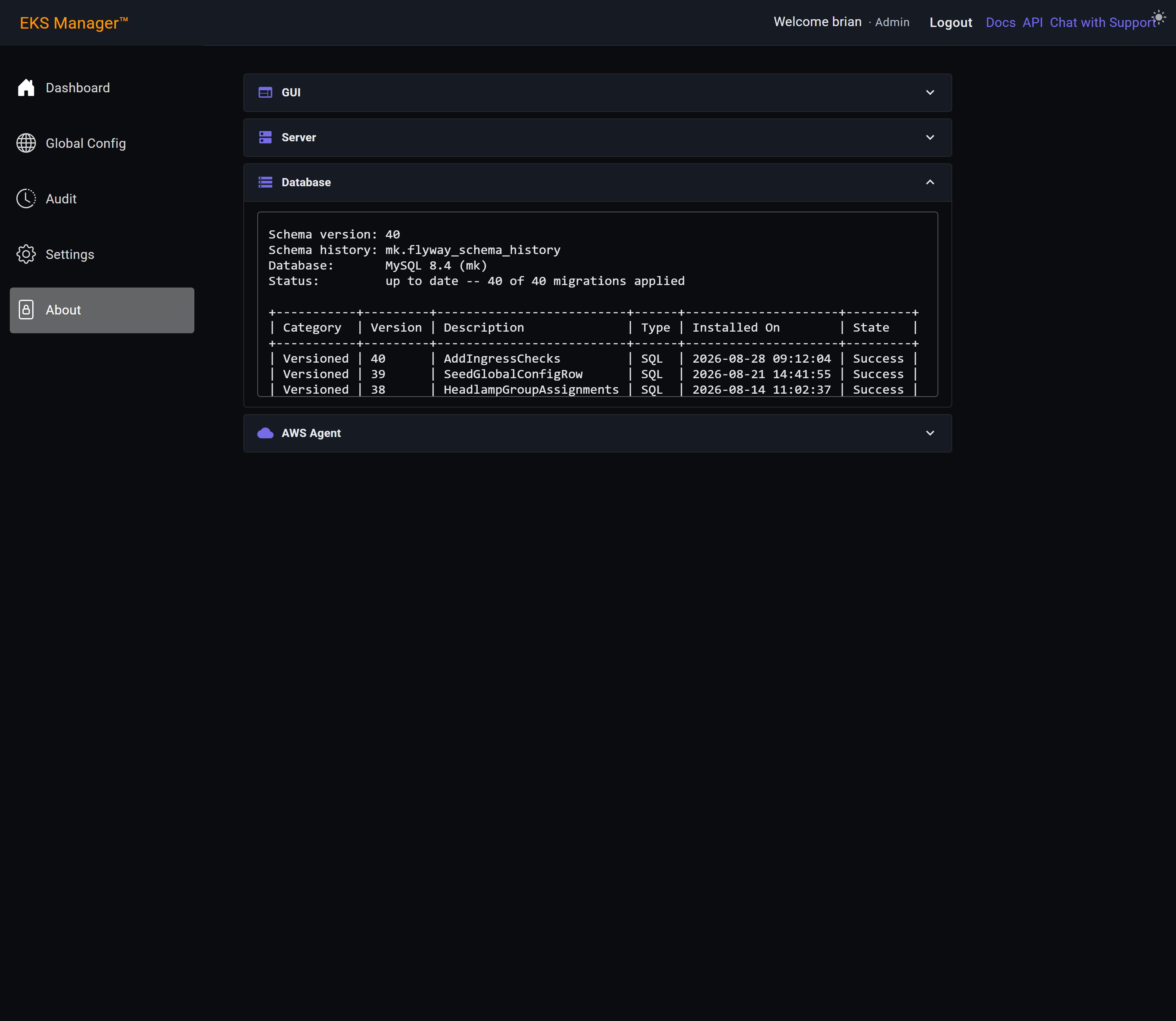 The Database section open, showing the schema version and migration history