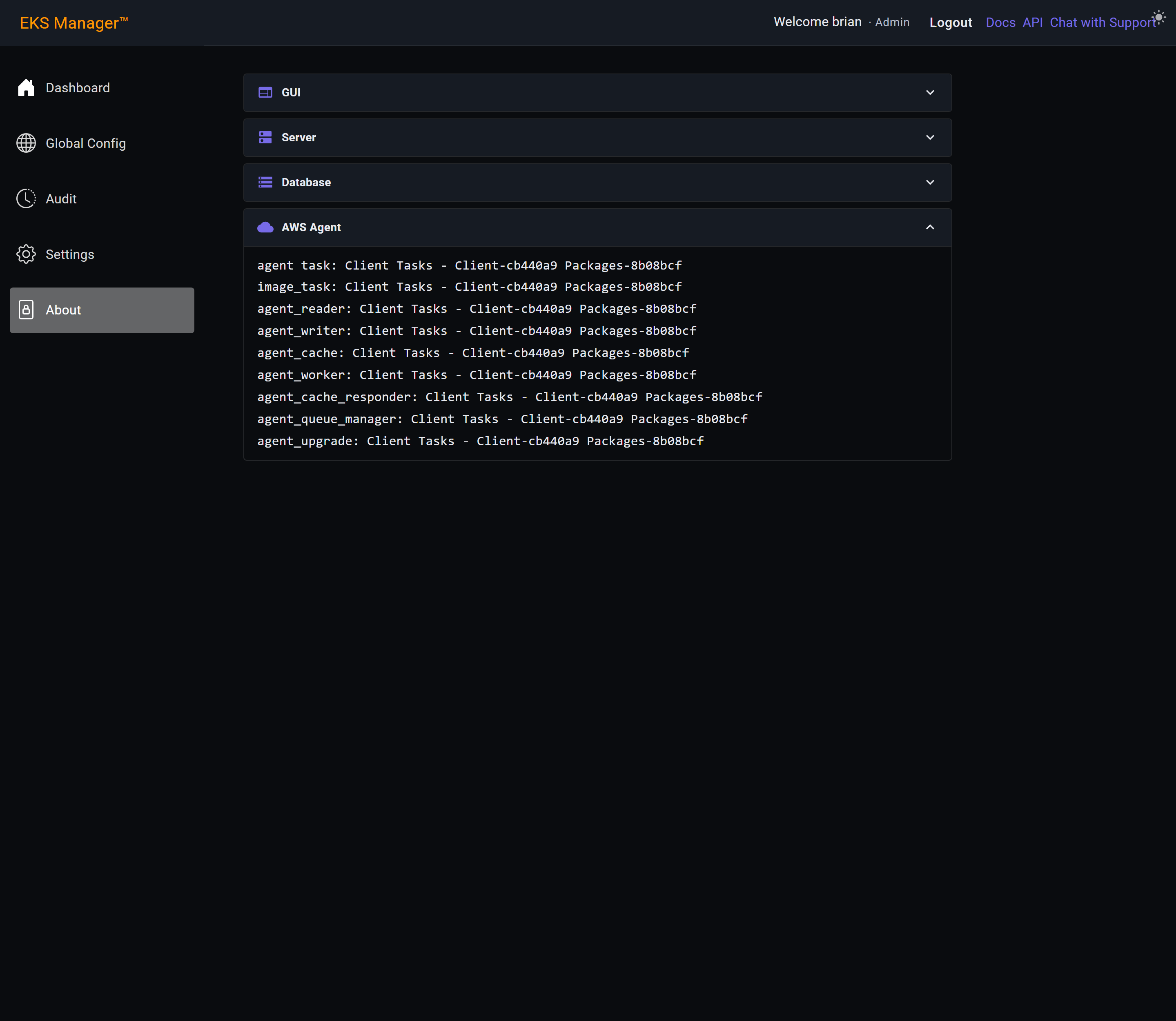 An agent section open, listing each component and the build it is running