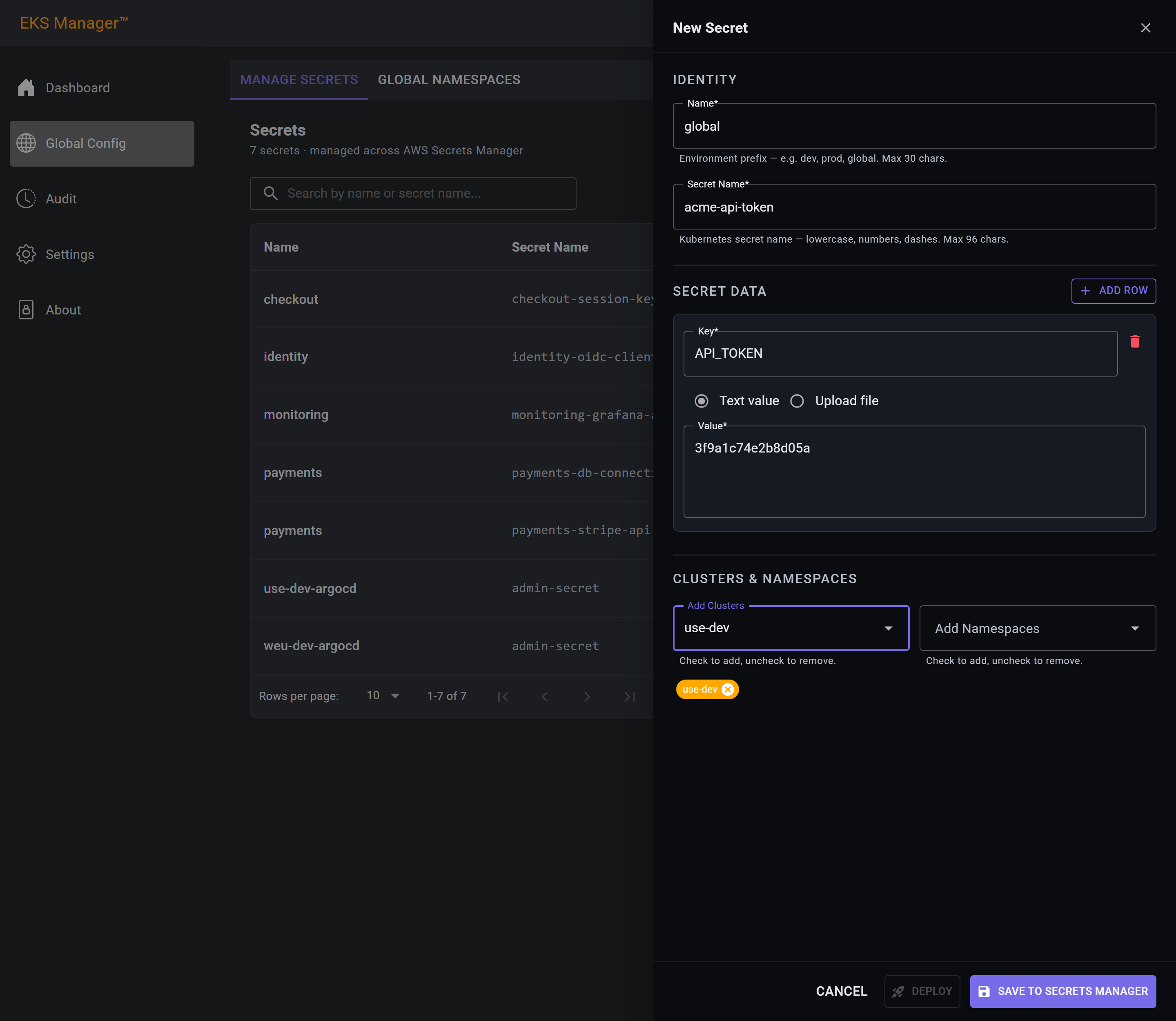 The cluster picker with a cluster selected
