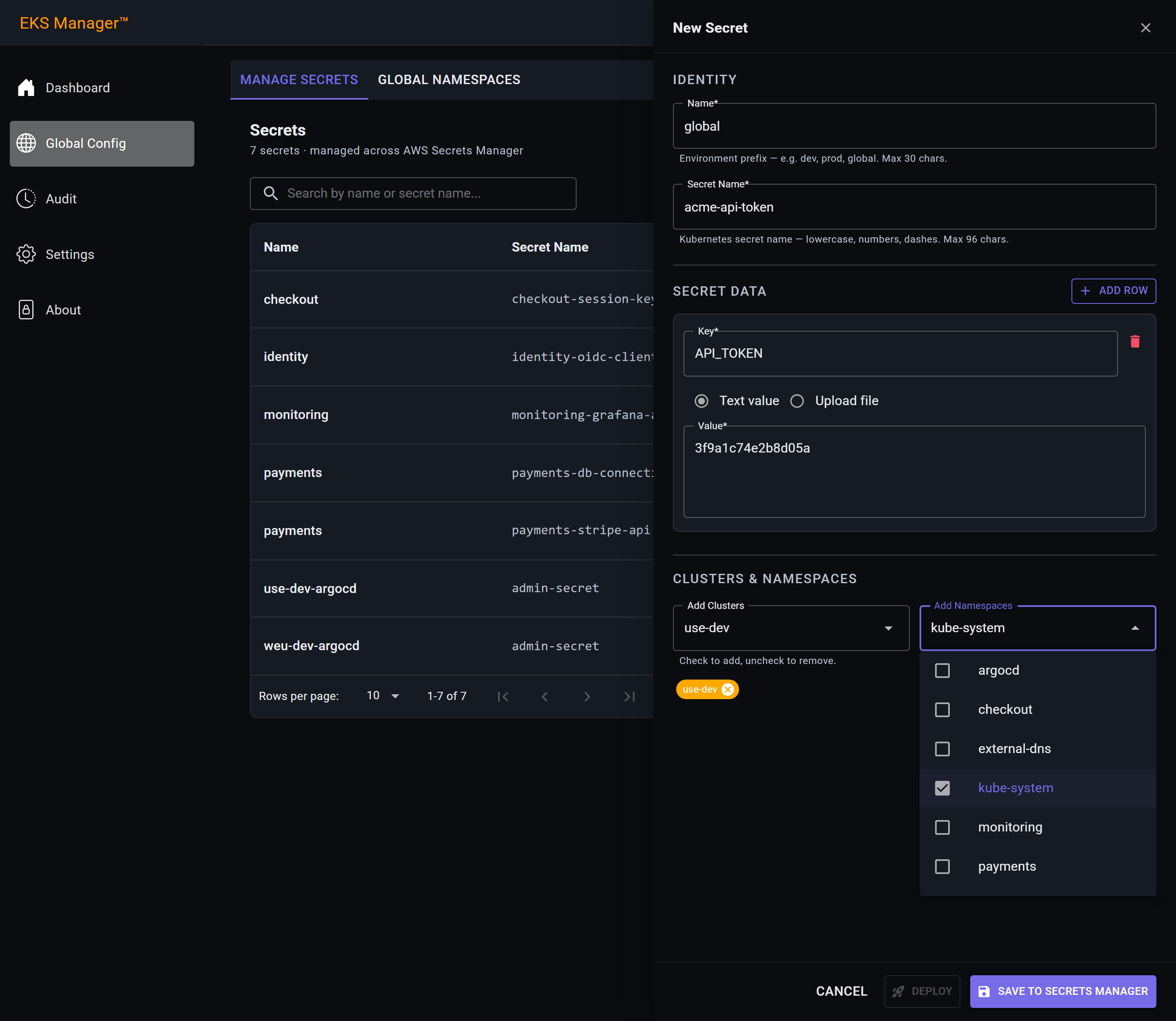 The namespace pulldown open with kube-system selected