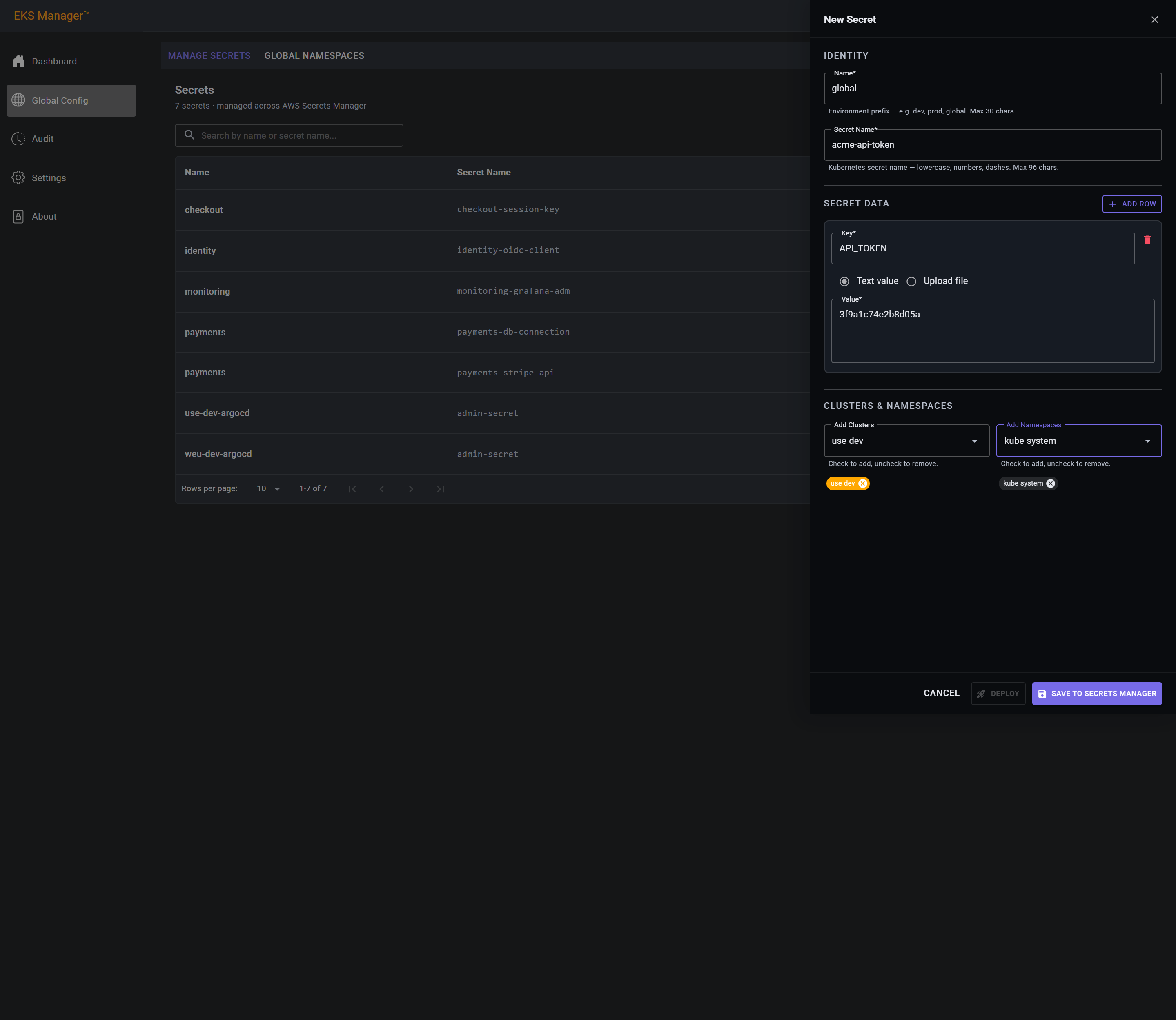 The Save to Secrets Manager button on the completed form