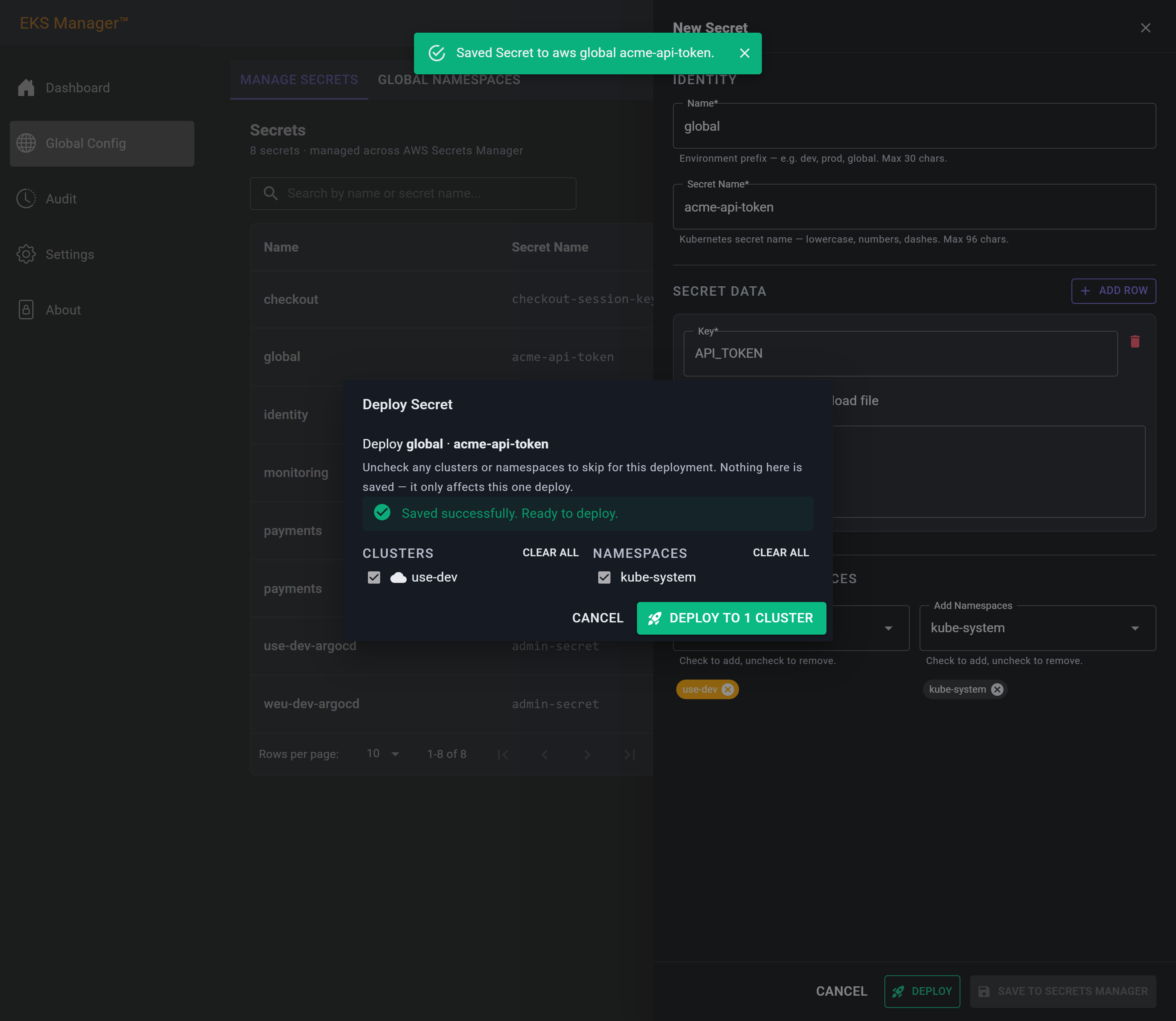 The Deploy Secret dialog opened after saving