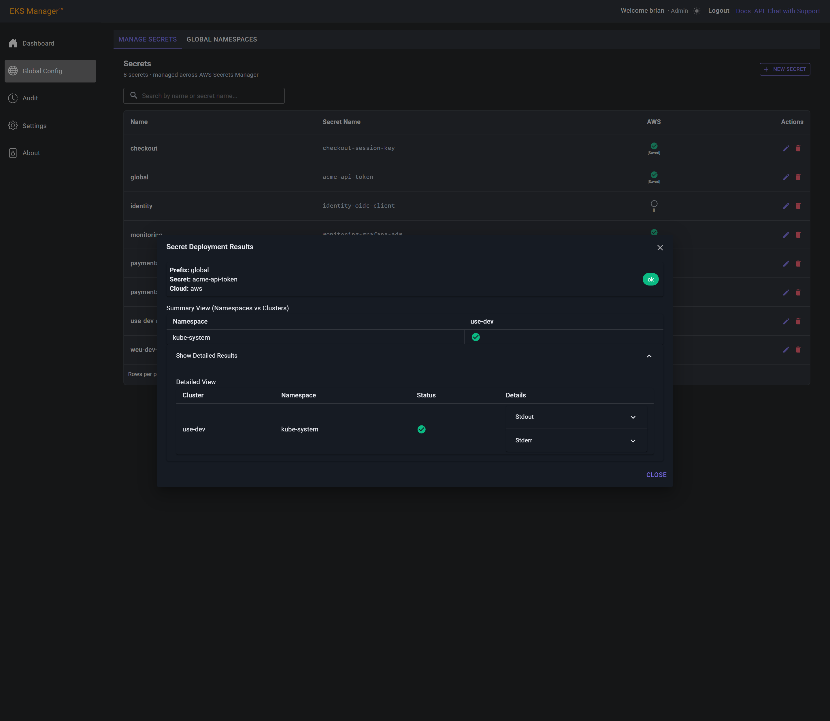 The Secret Deployment Results with the detailed per-cluster output open