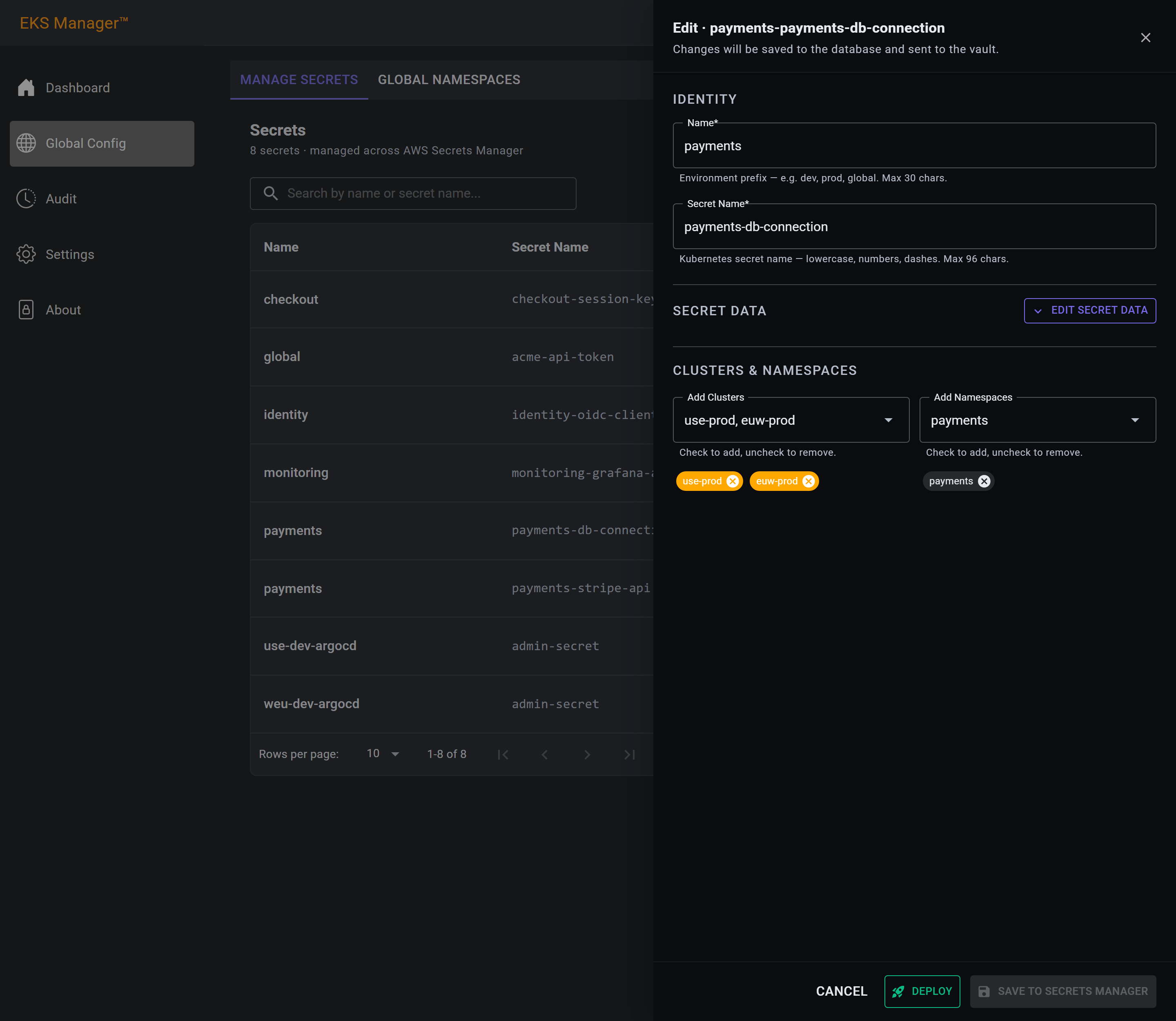An existing secret reopened, with the Edit Secret Data button
