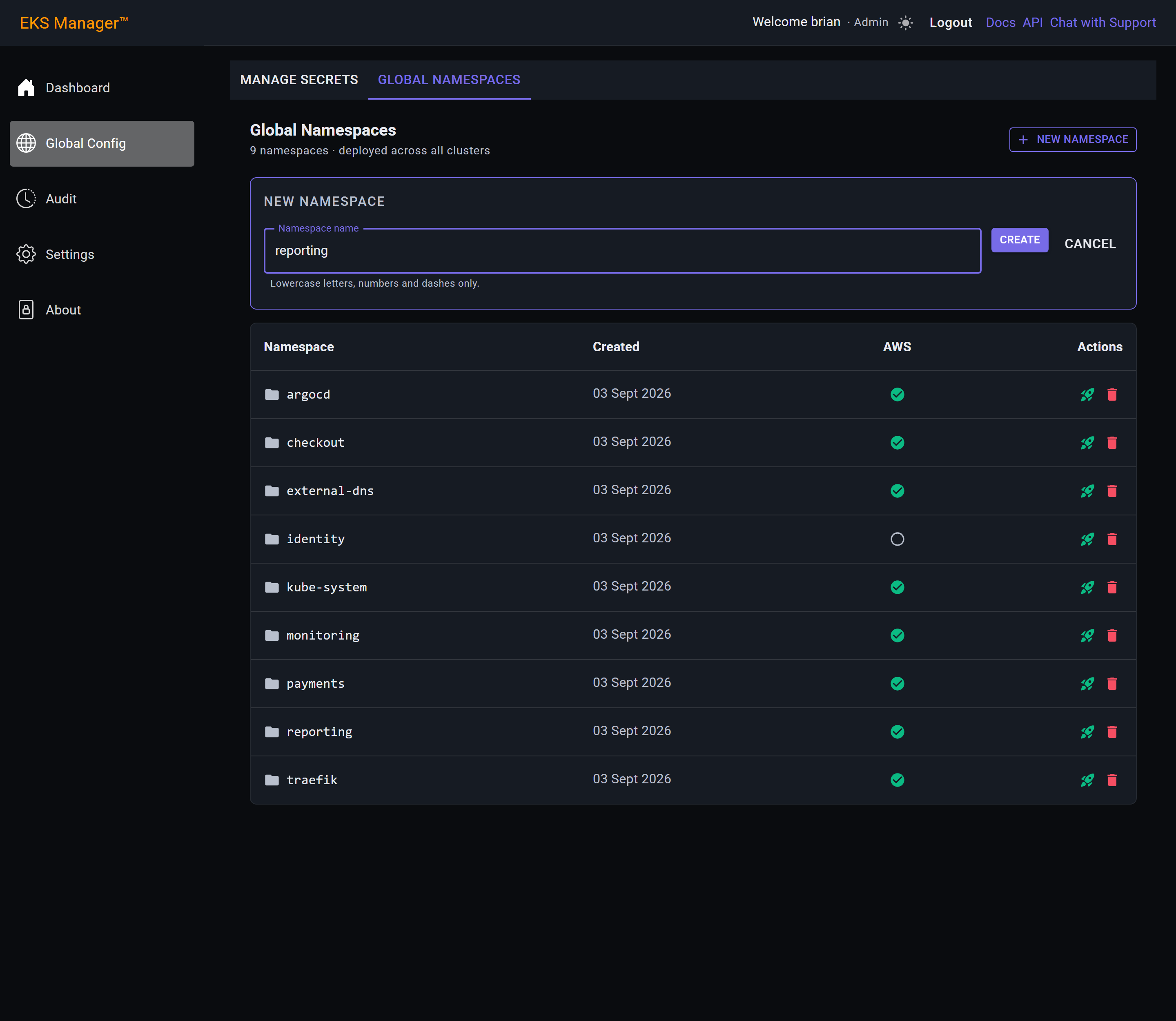 The New Namespace form with a name entered