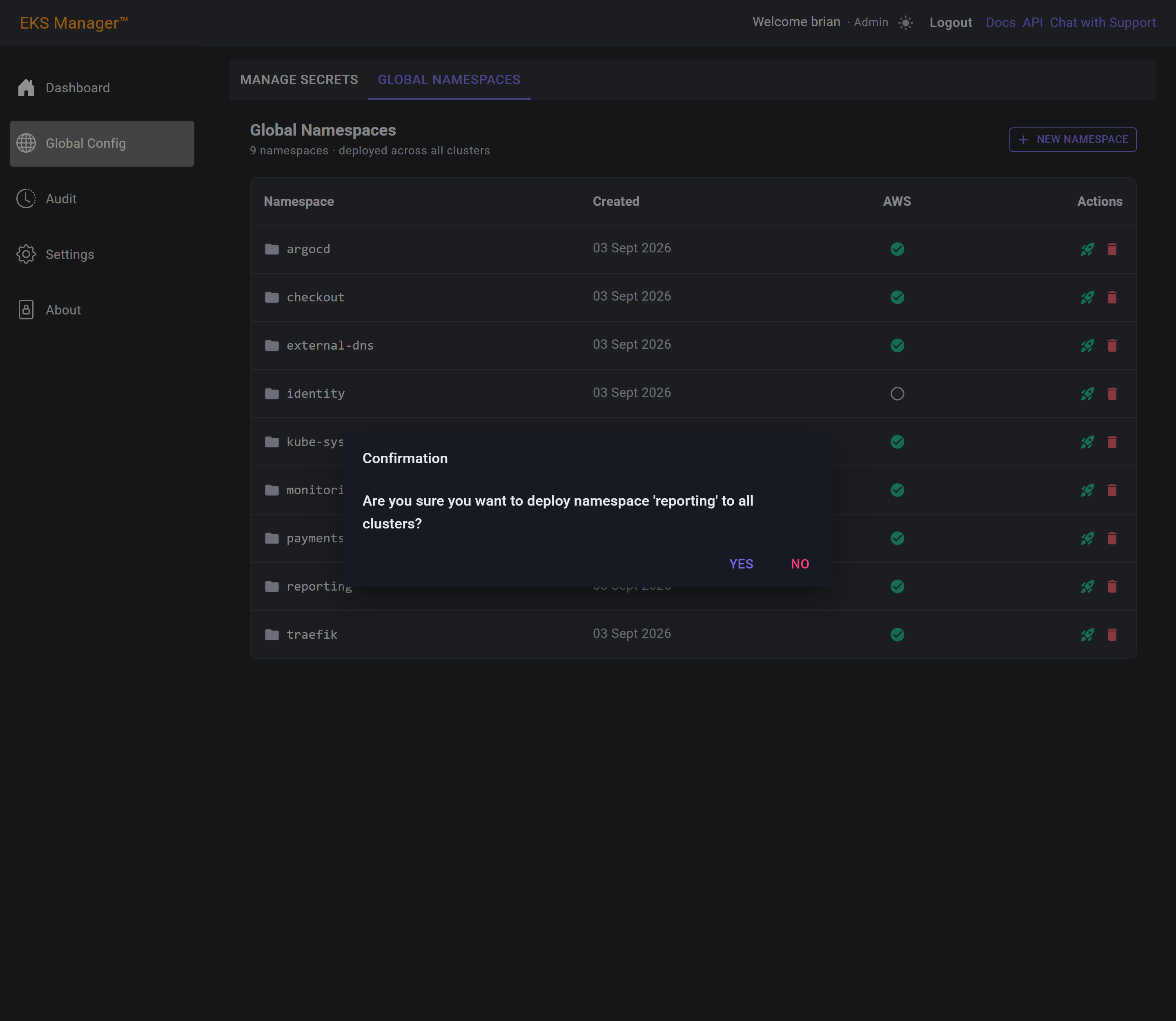 The confirmation asking to deploy the namespace to all clusters
