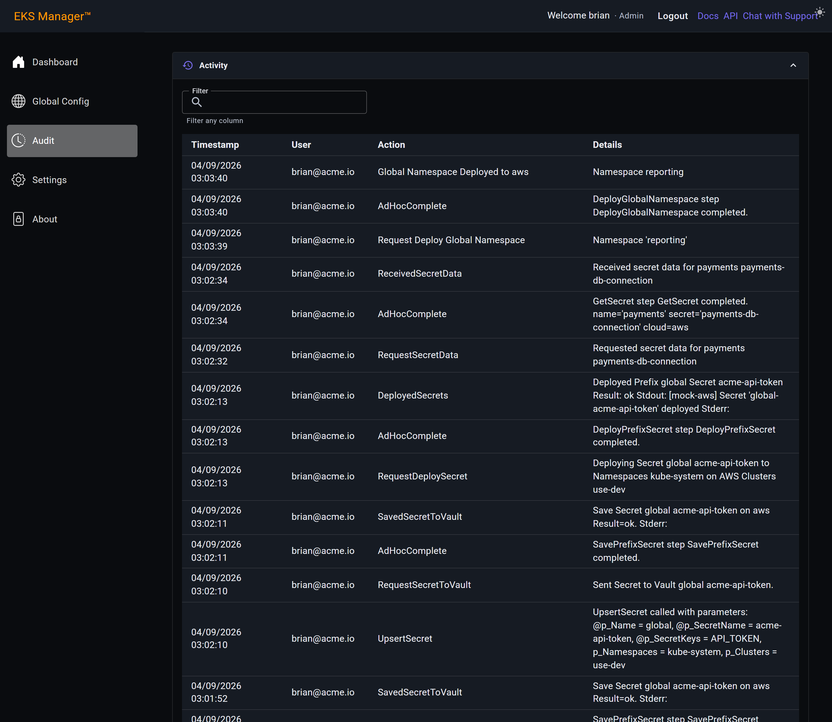 The Activity log listing timestamped actions with the user who performed them
