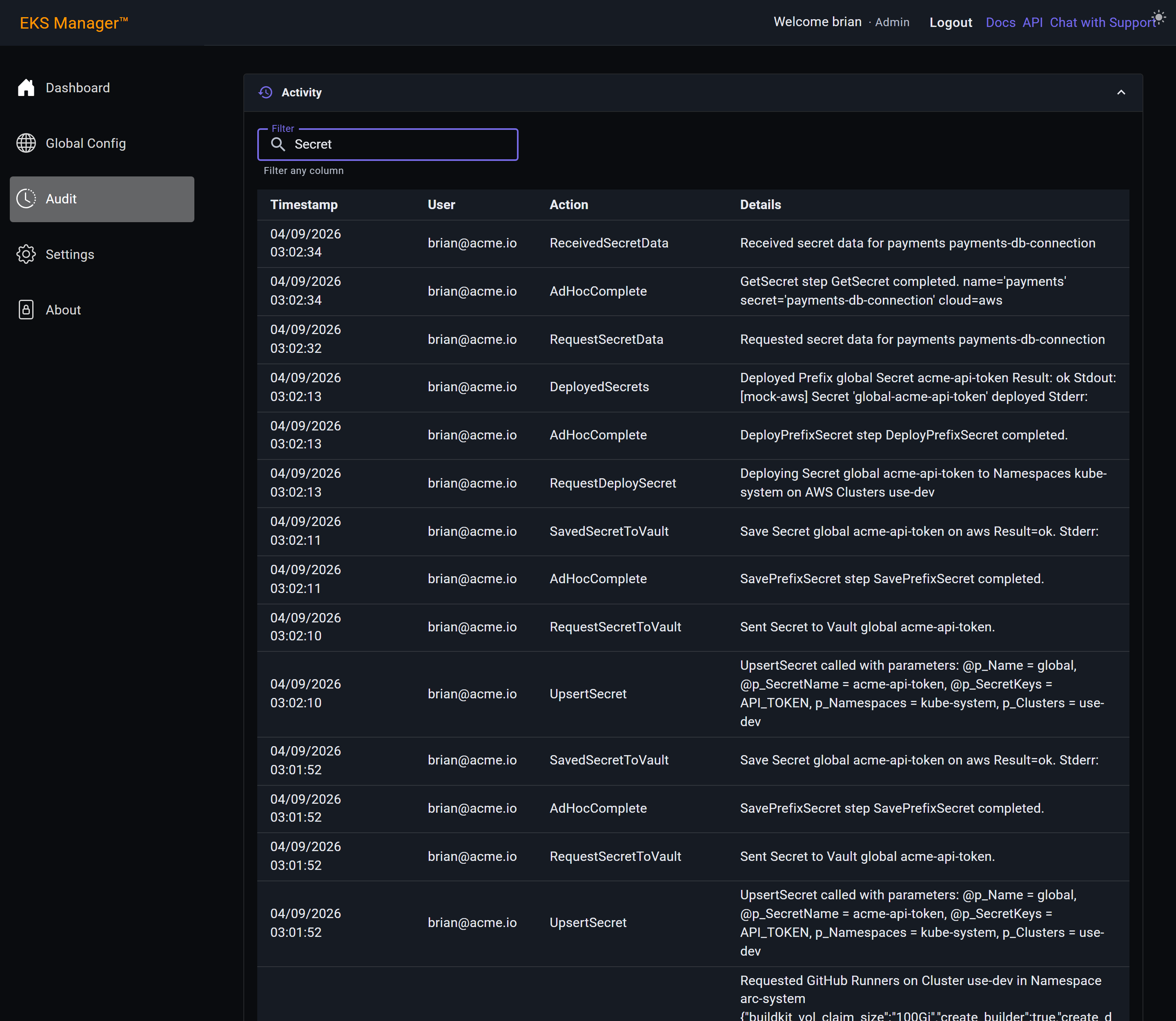 The activity log filtered to secret-related actions