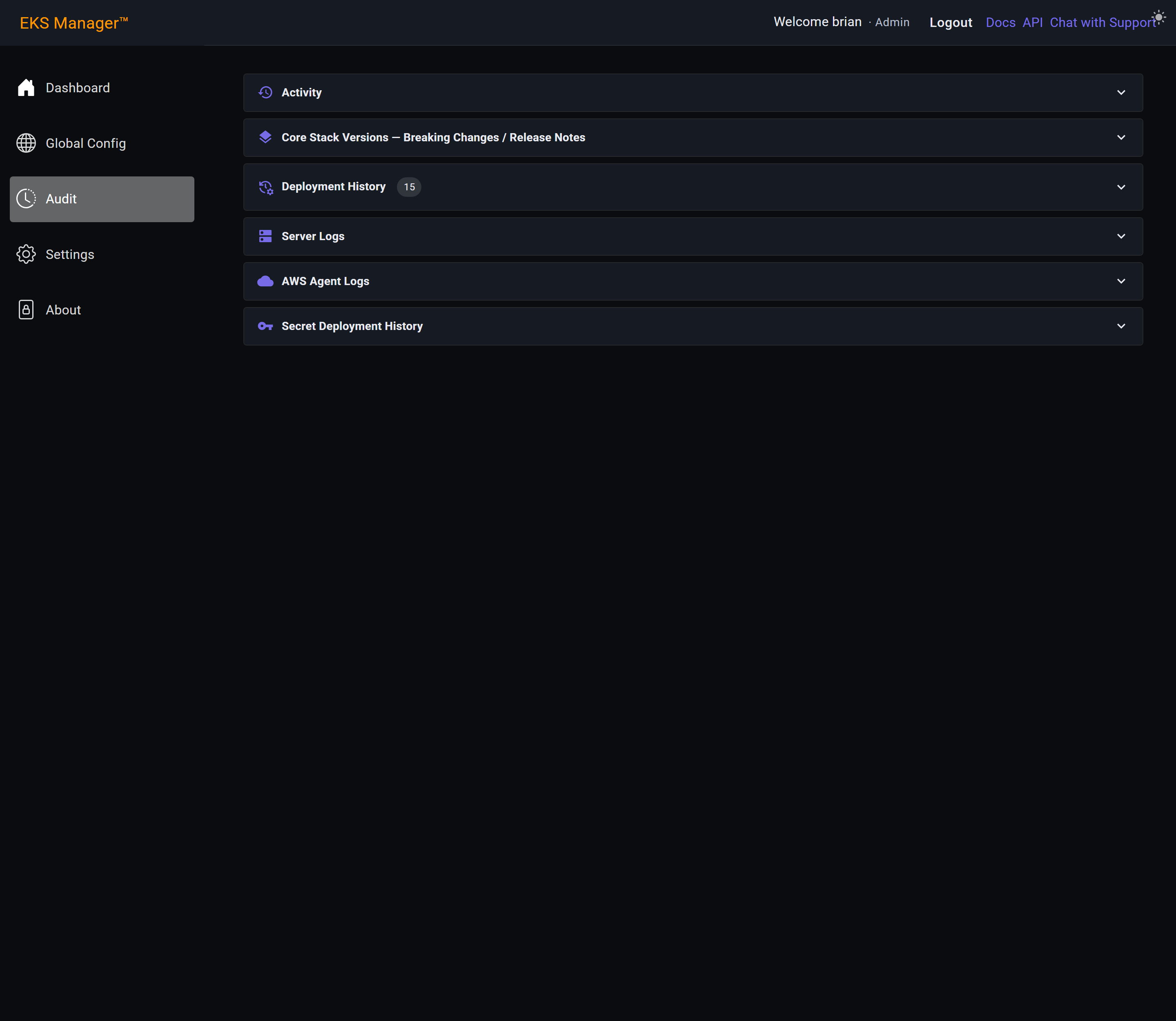 The Audit page with the activity log collapsed and the remaining sections visible