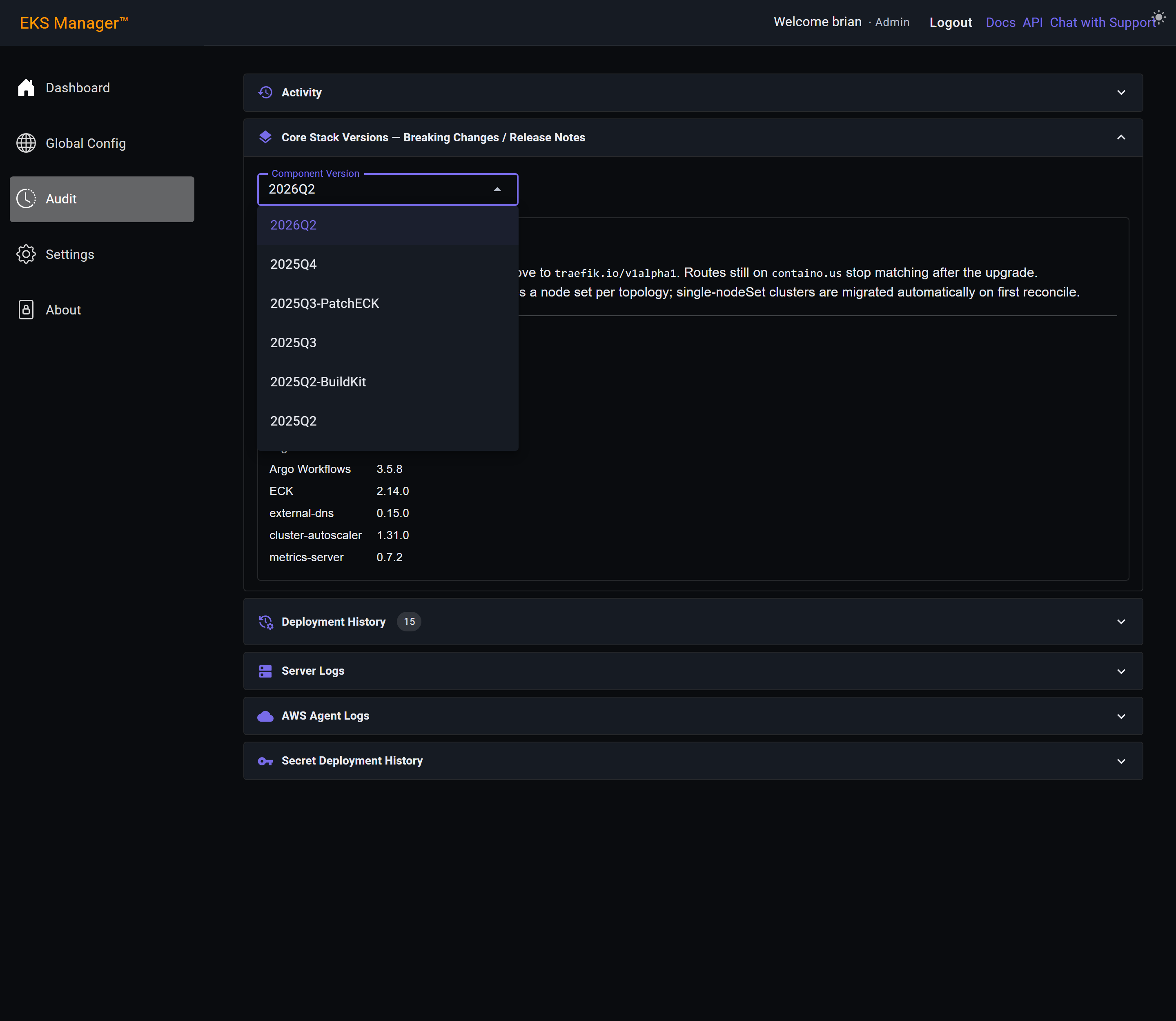 The quarterly version picker open, listing the releases
