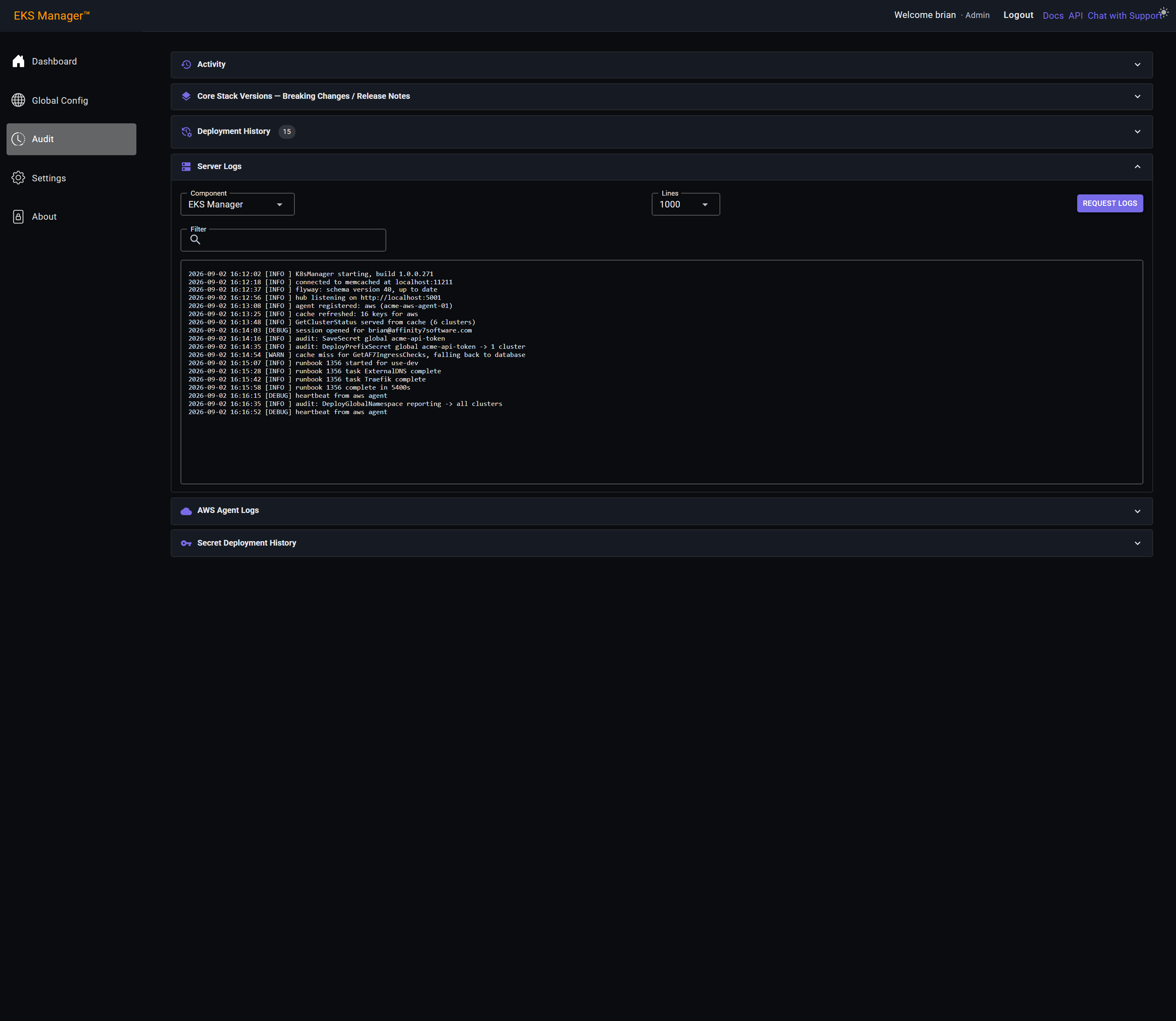 The server log tail with recent activity