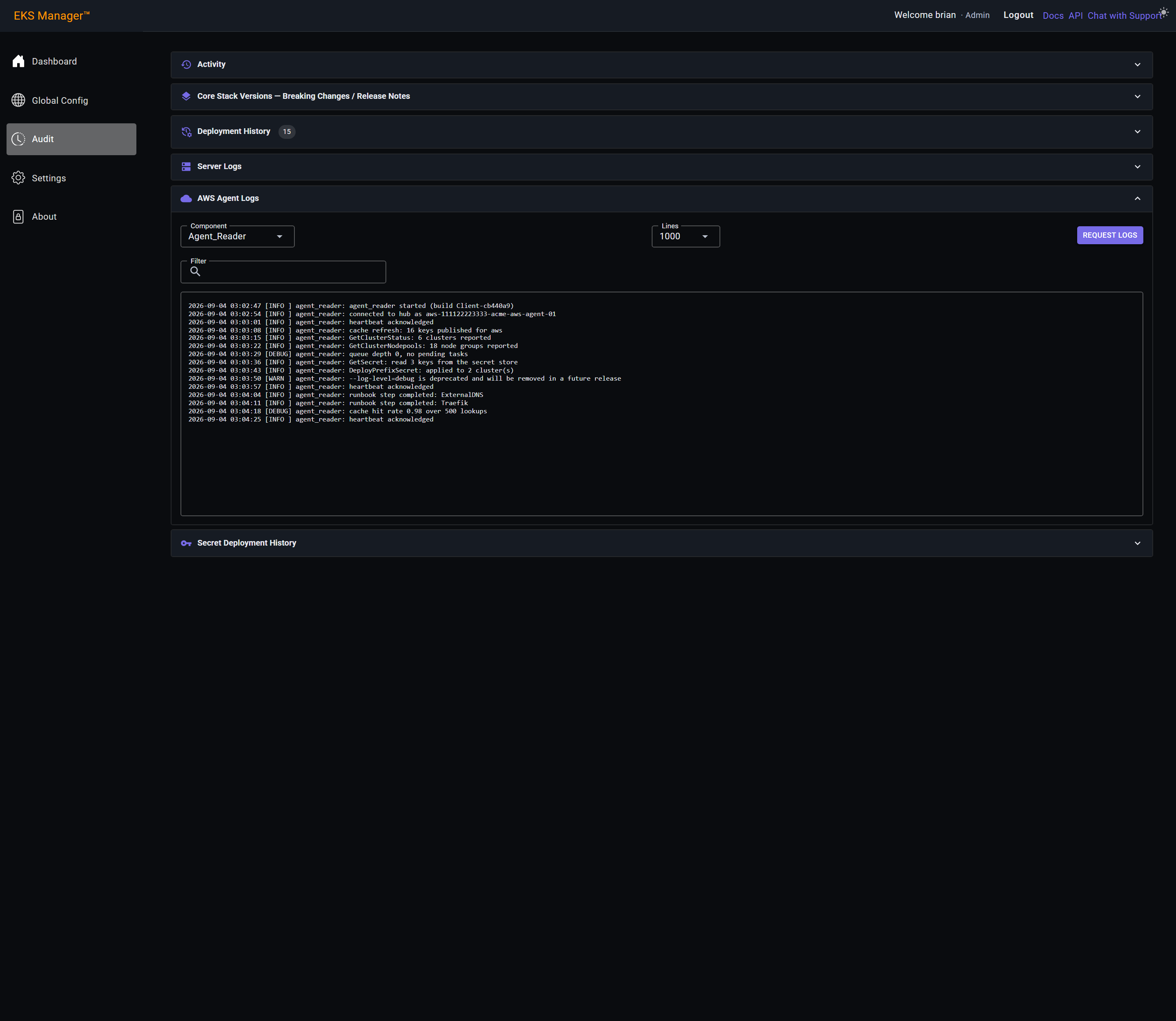 The agent log tail returned through the agent