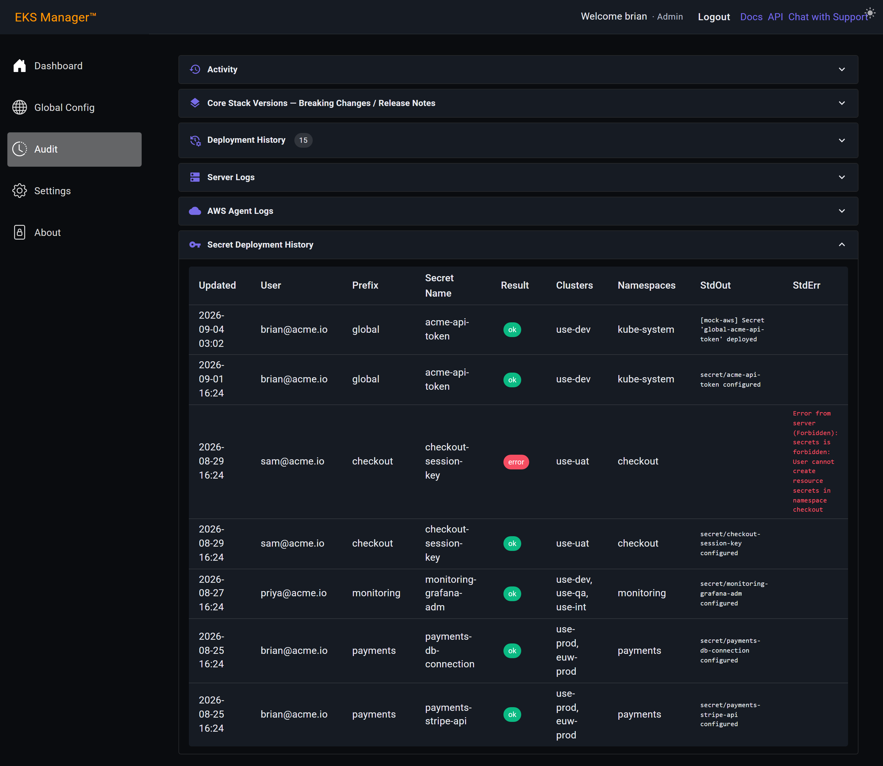 The Secret Deployment History with clusters, namespaces and results