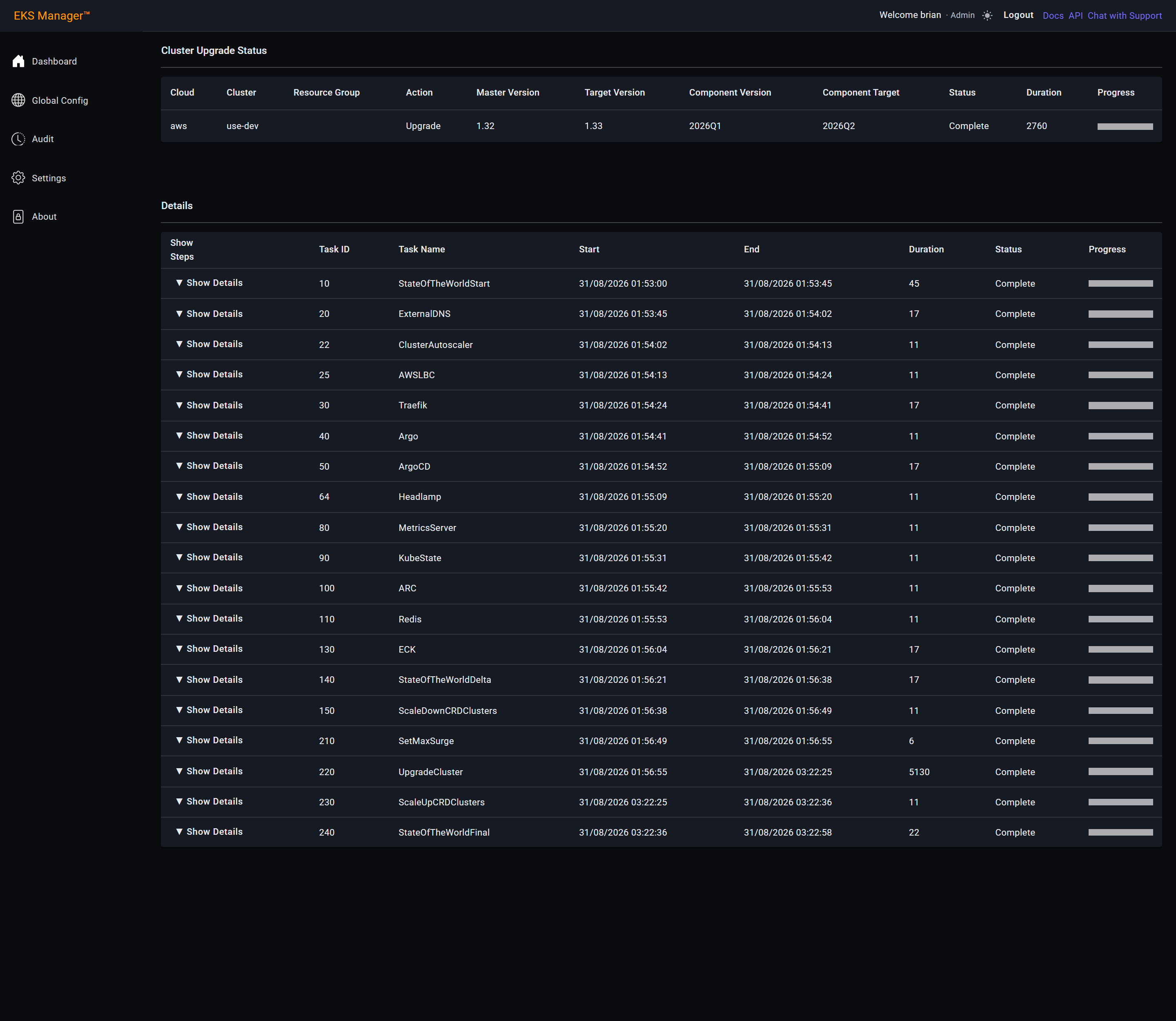 The completed run's tasks with grey progress bars