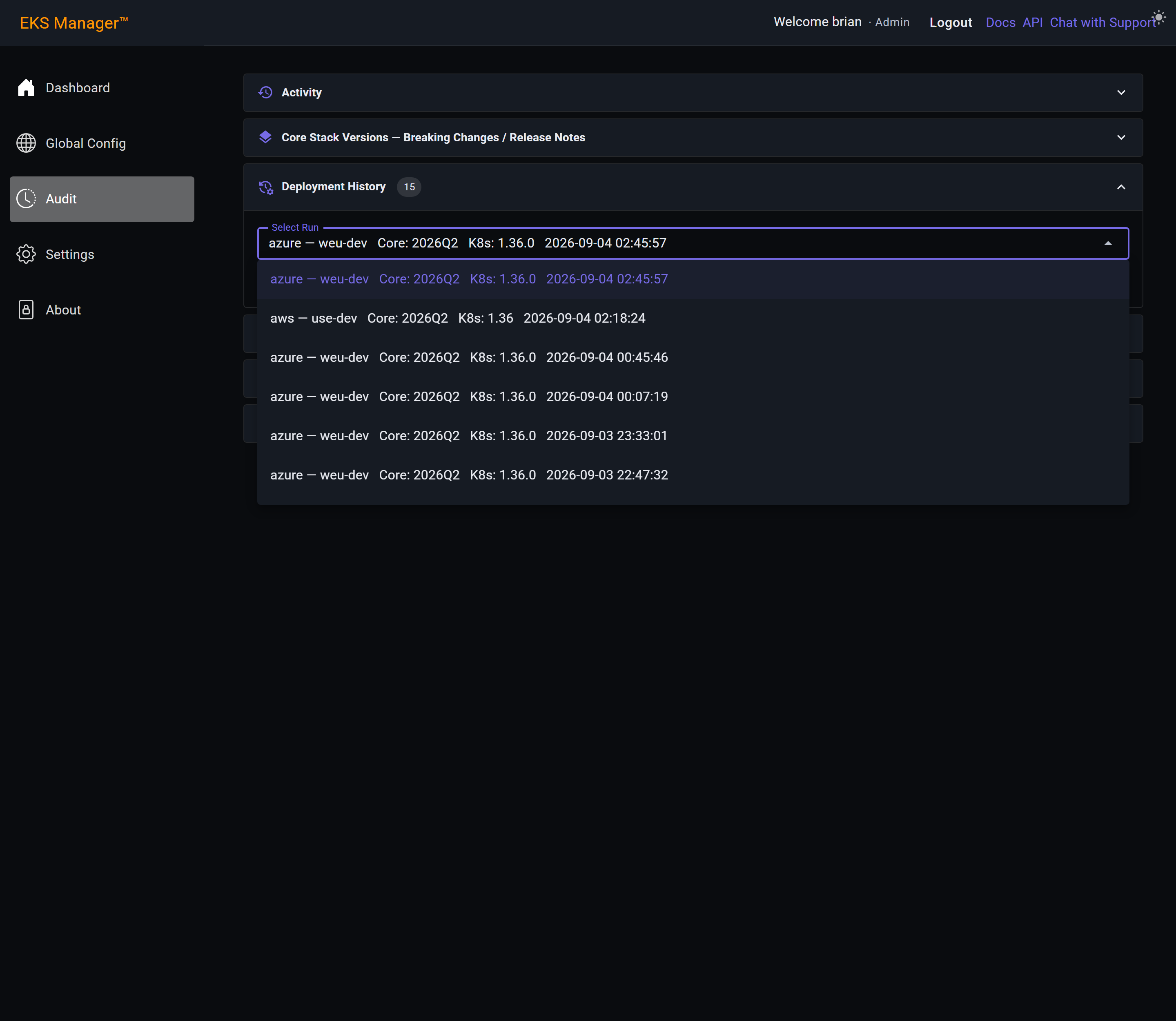 The deployment history list open, showing past runs to choose from