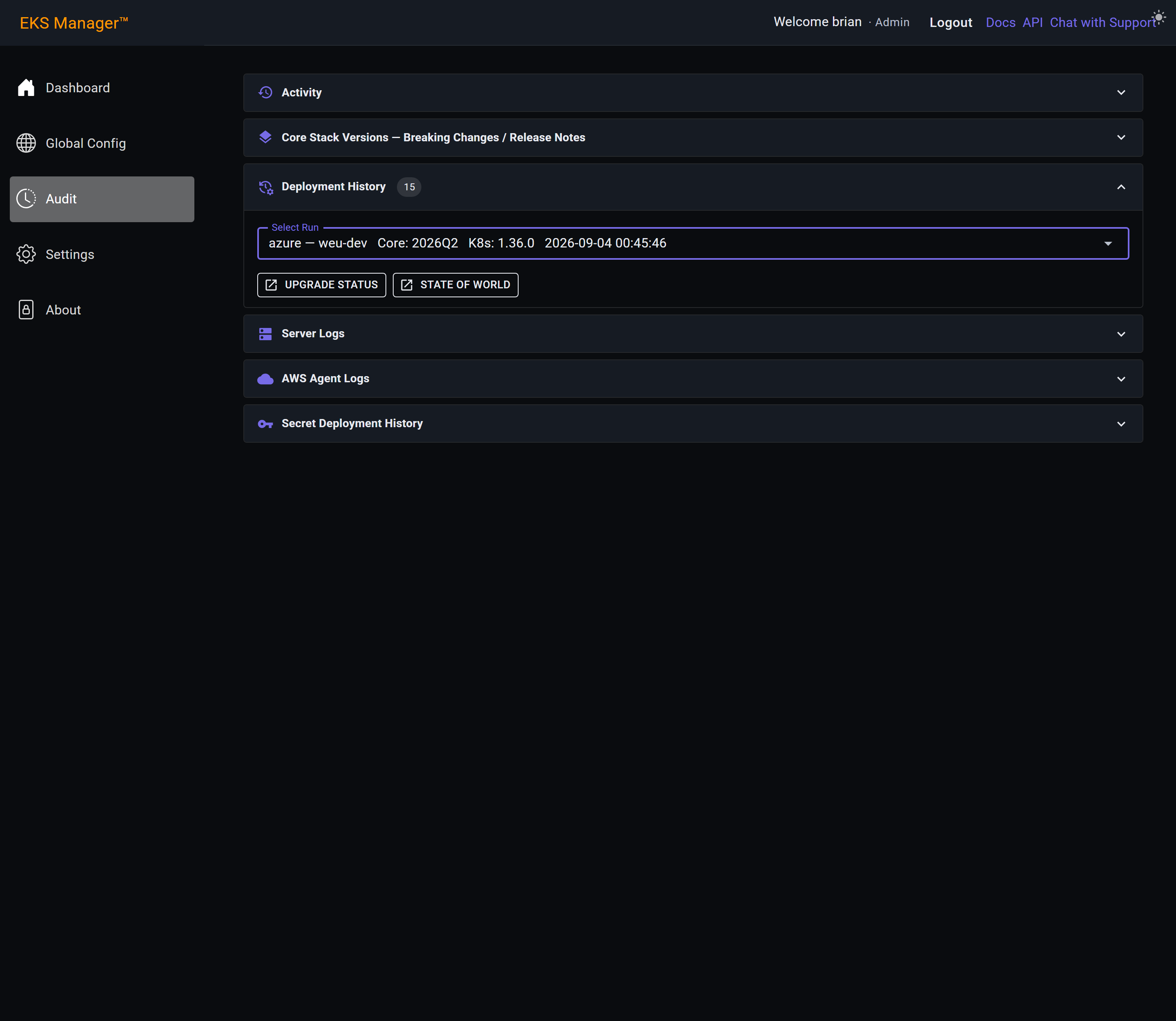 A run selected in the deployment history, with the Upgrade Status and State of World buttons