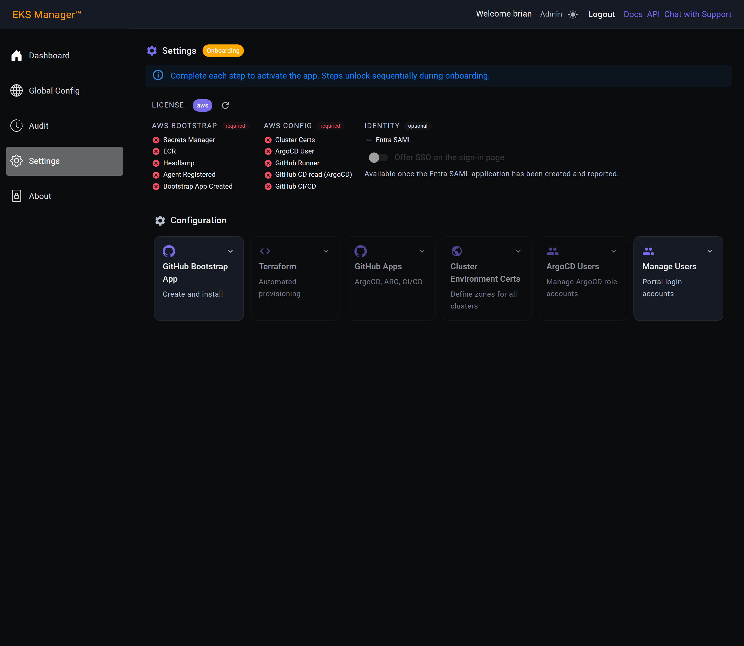 The Settings page on a new installation with every step outstanding