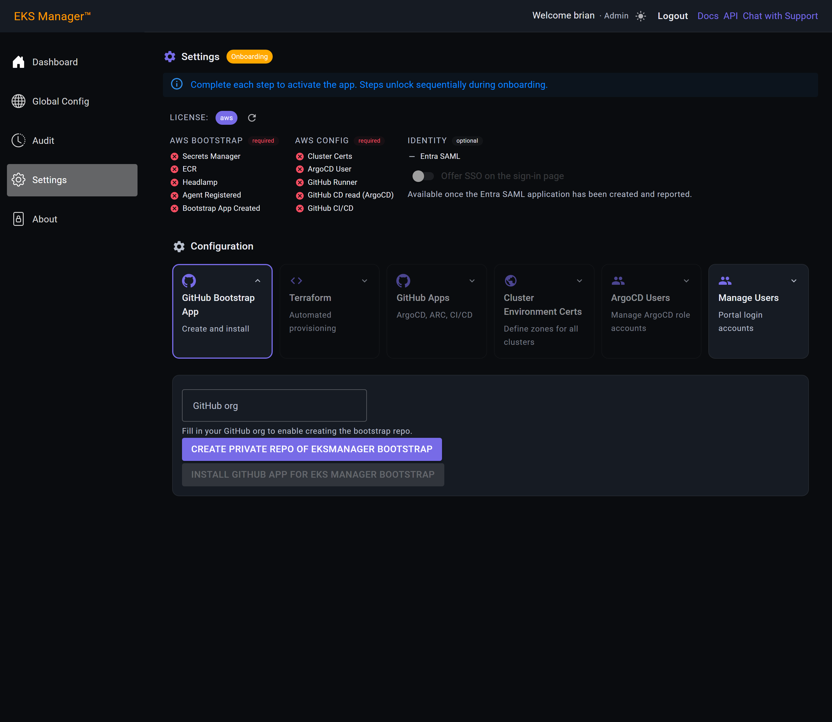 The GitHub Bootstrap App tile with an empty organisation field