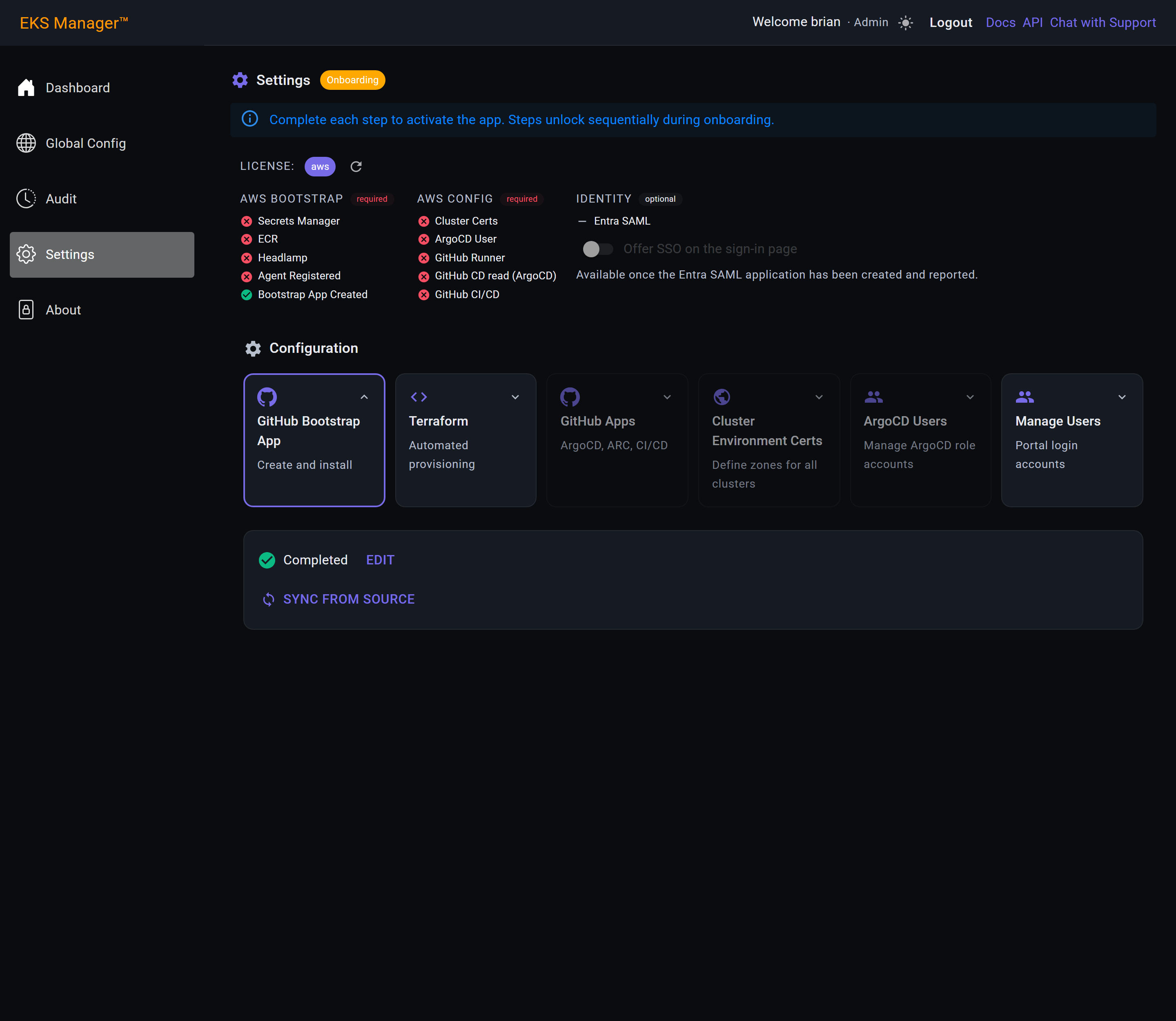 The Bootstrap App Created chip green and the Terraform tile unlocked