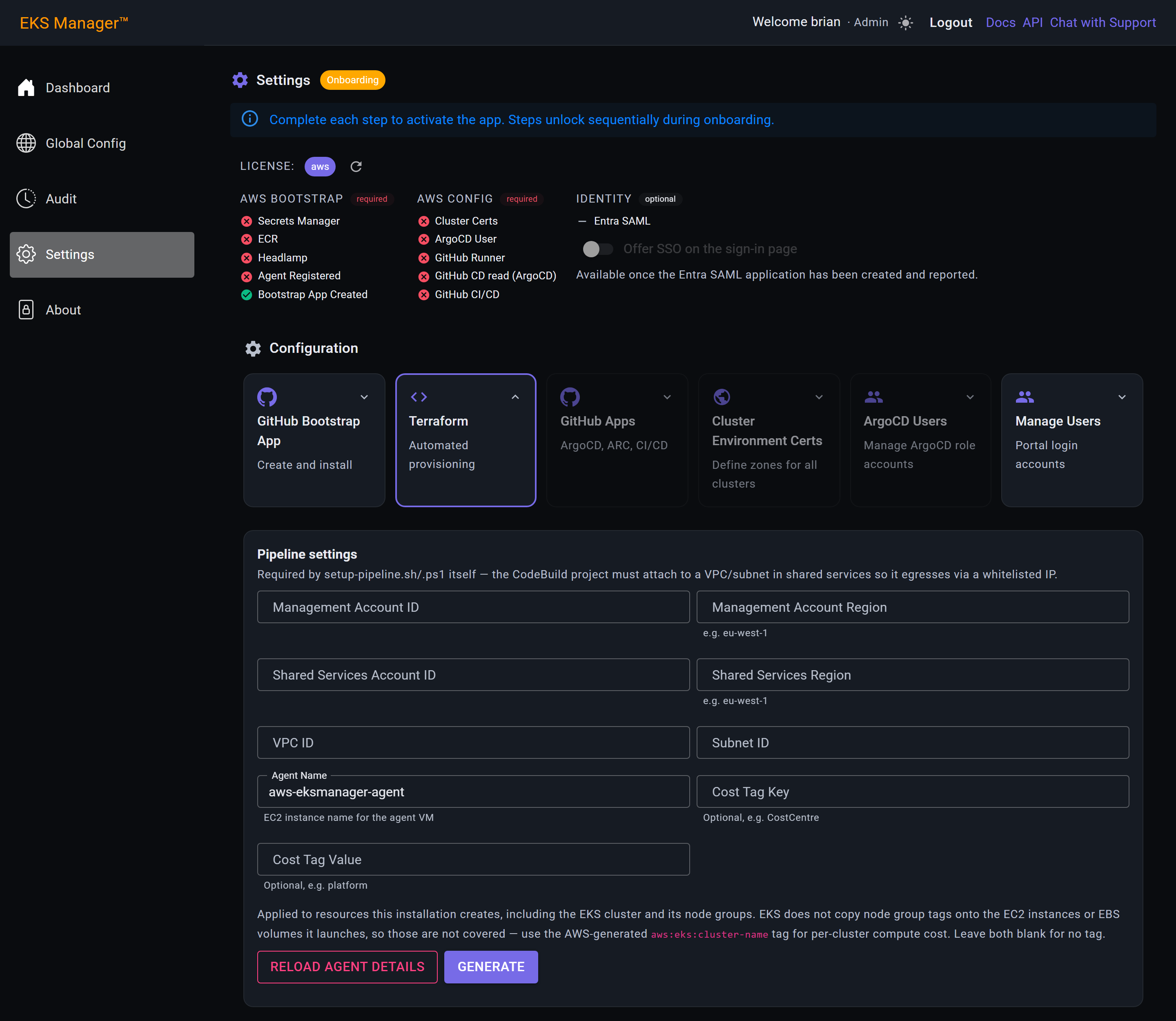 The Terraform tile's pipeline settings fields