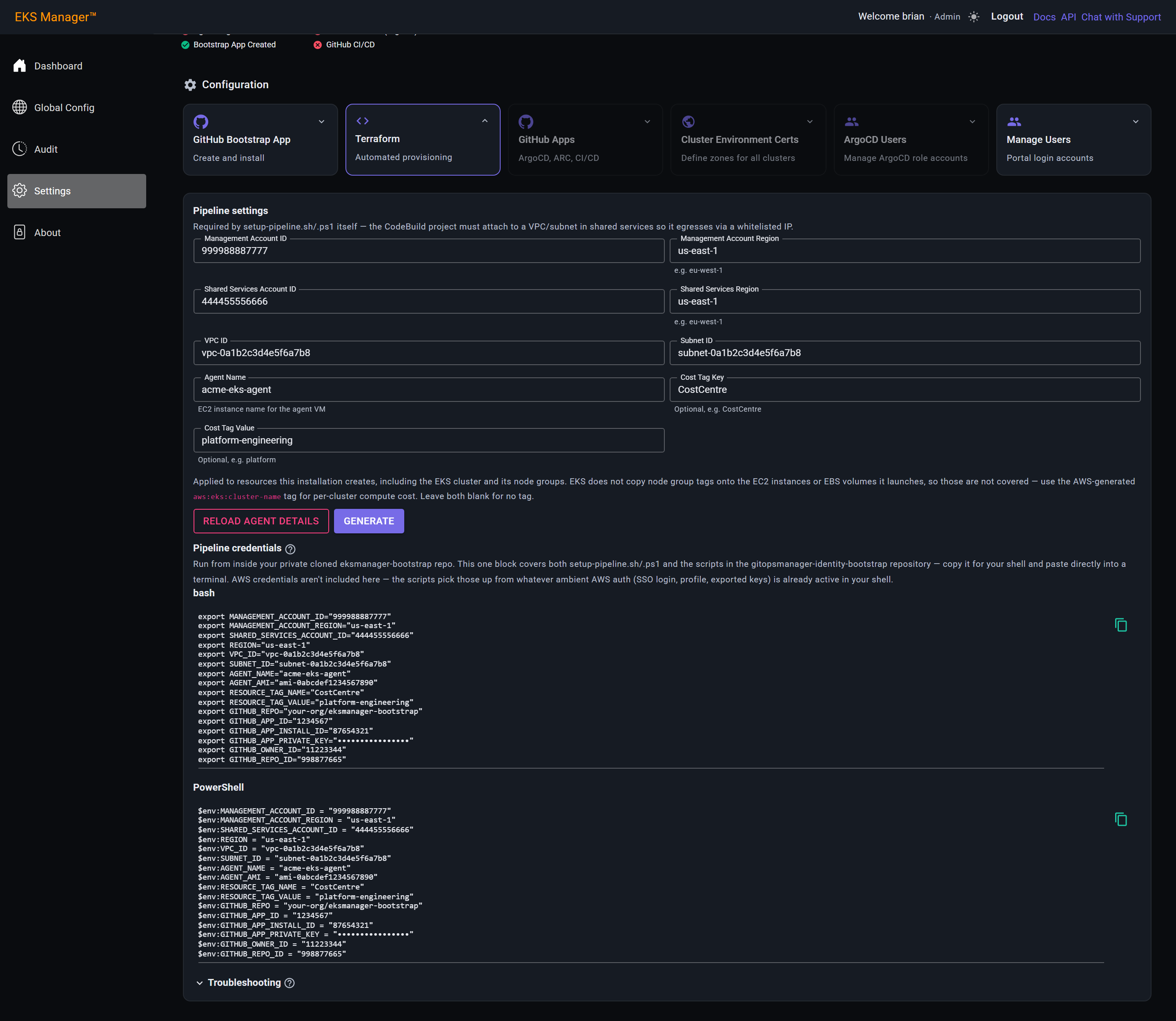 The generated bash environment variable block