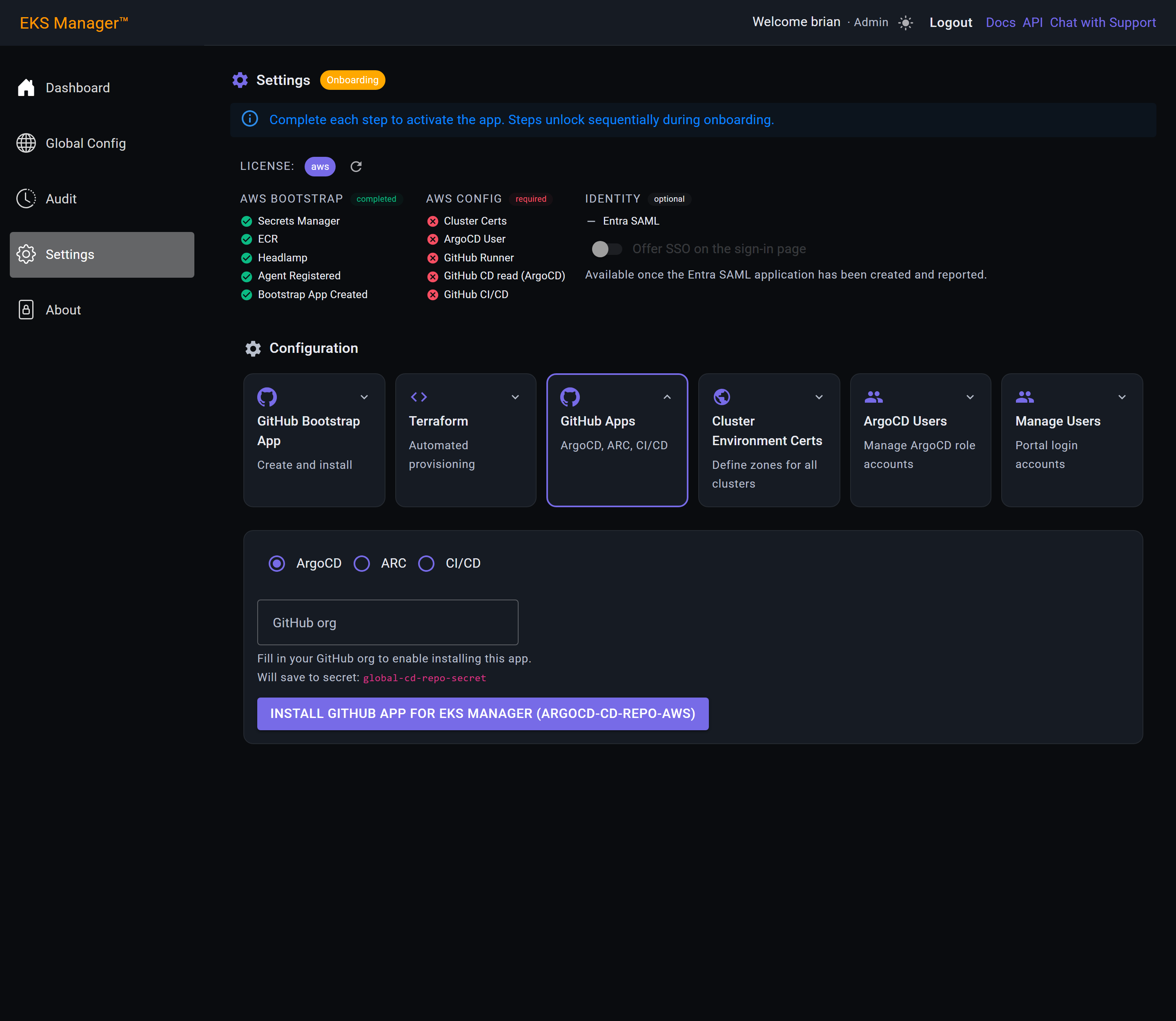 The GitHub Apps tile with its ArgoCD, ARC and CI/CD tabs